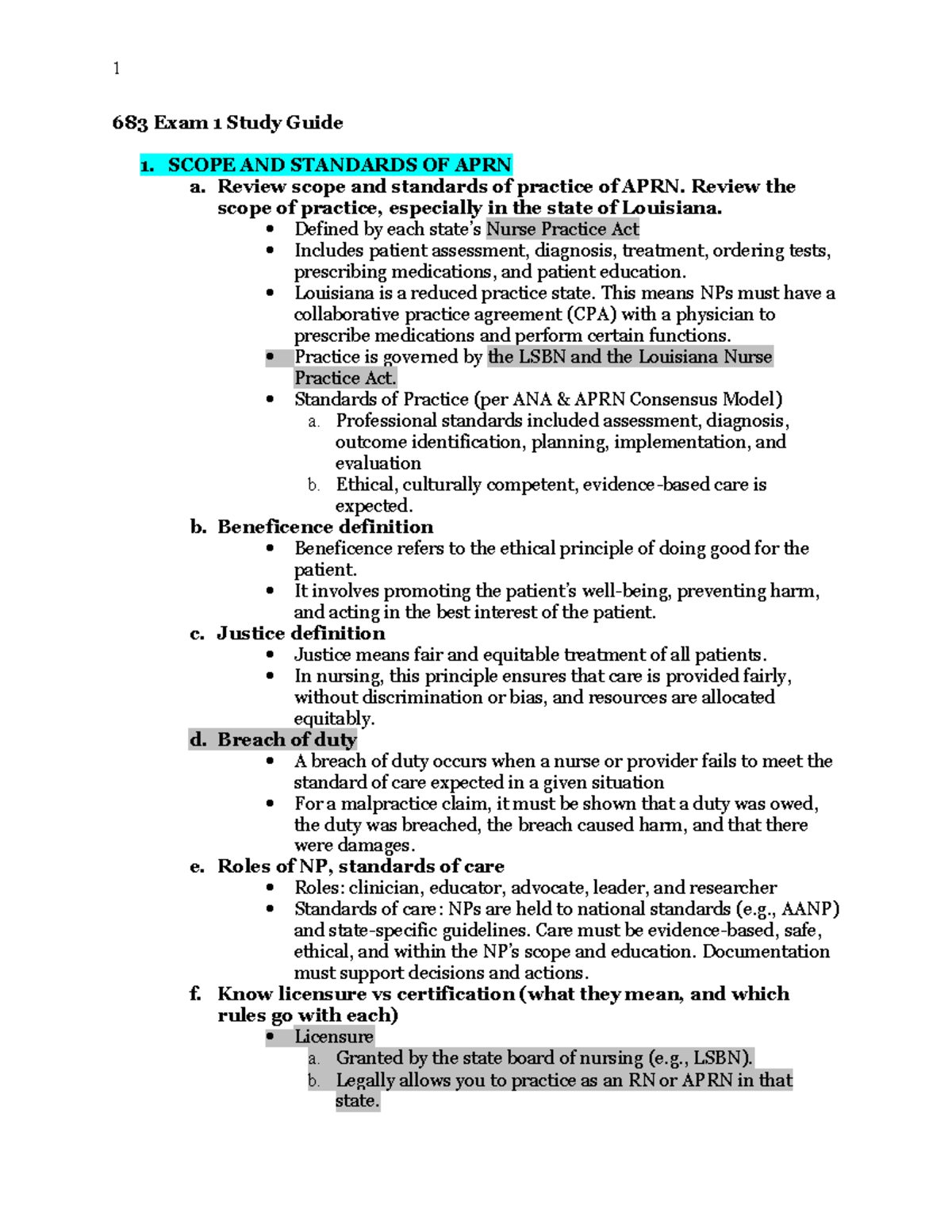 683 Exam 1 Study Guide: APRN Scope, Standards, and Health Promotion ...