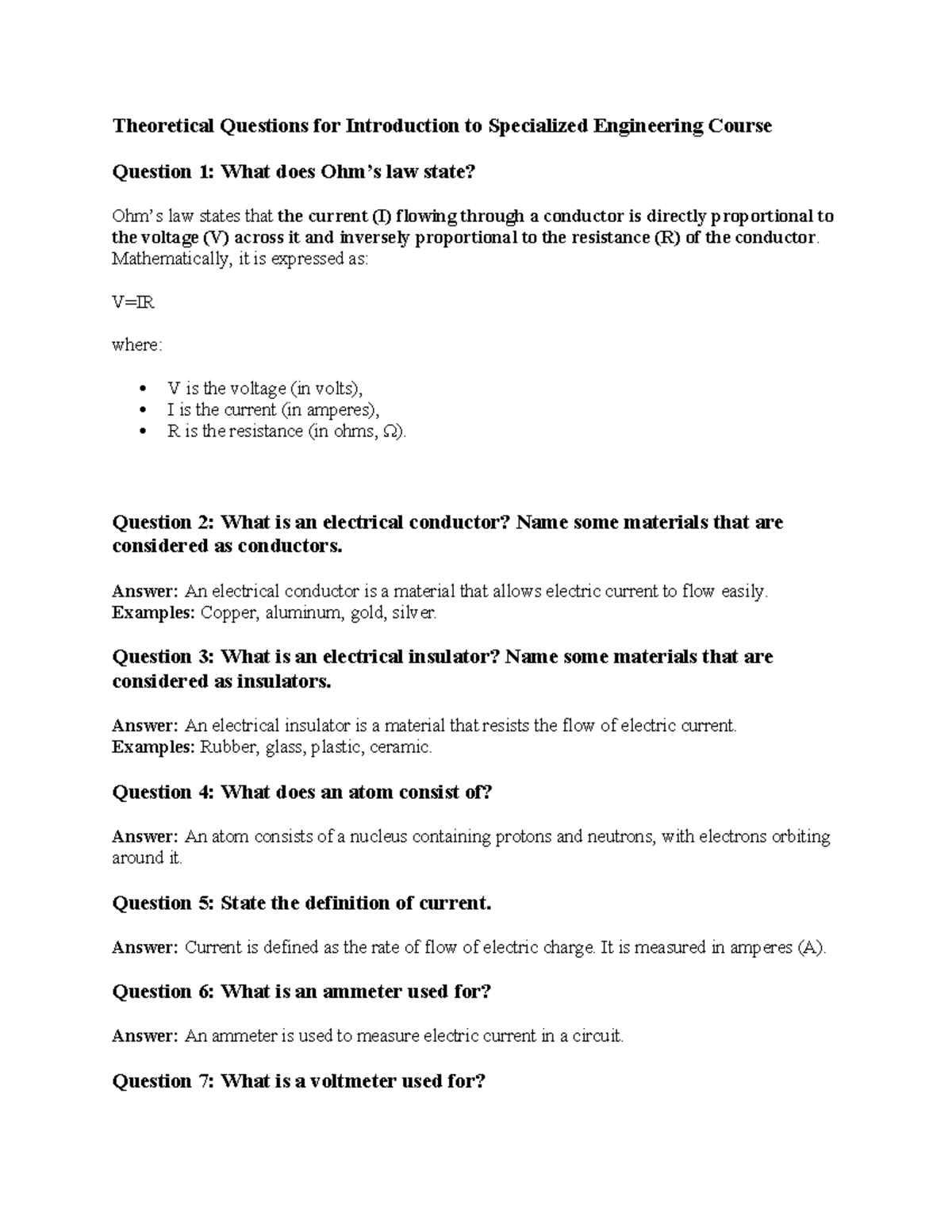 Theoretical Questions for Specialized Engineering Course (ENG 101 ...