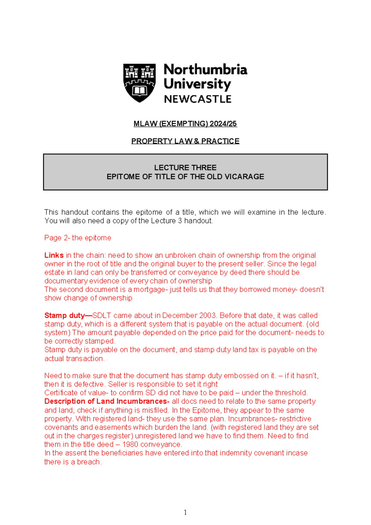 MLAW (EXEMPTING) PROPERTY LAW PRACTICE LECTURE 3: Epitome of Title ...