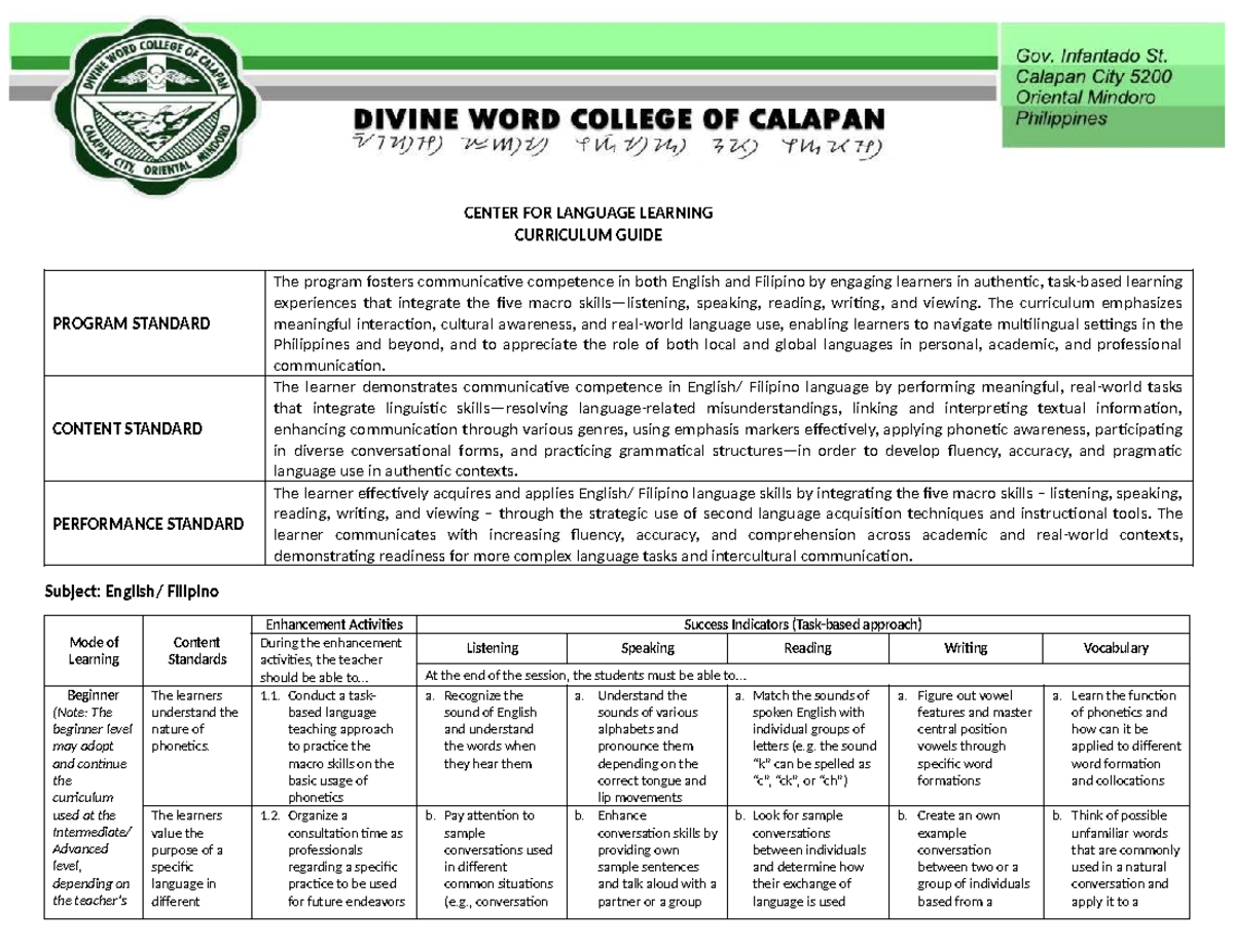 CLL Curriculum Guide: Enhancing Communicative Competence in Filipino ...