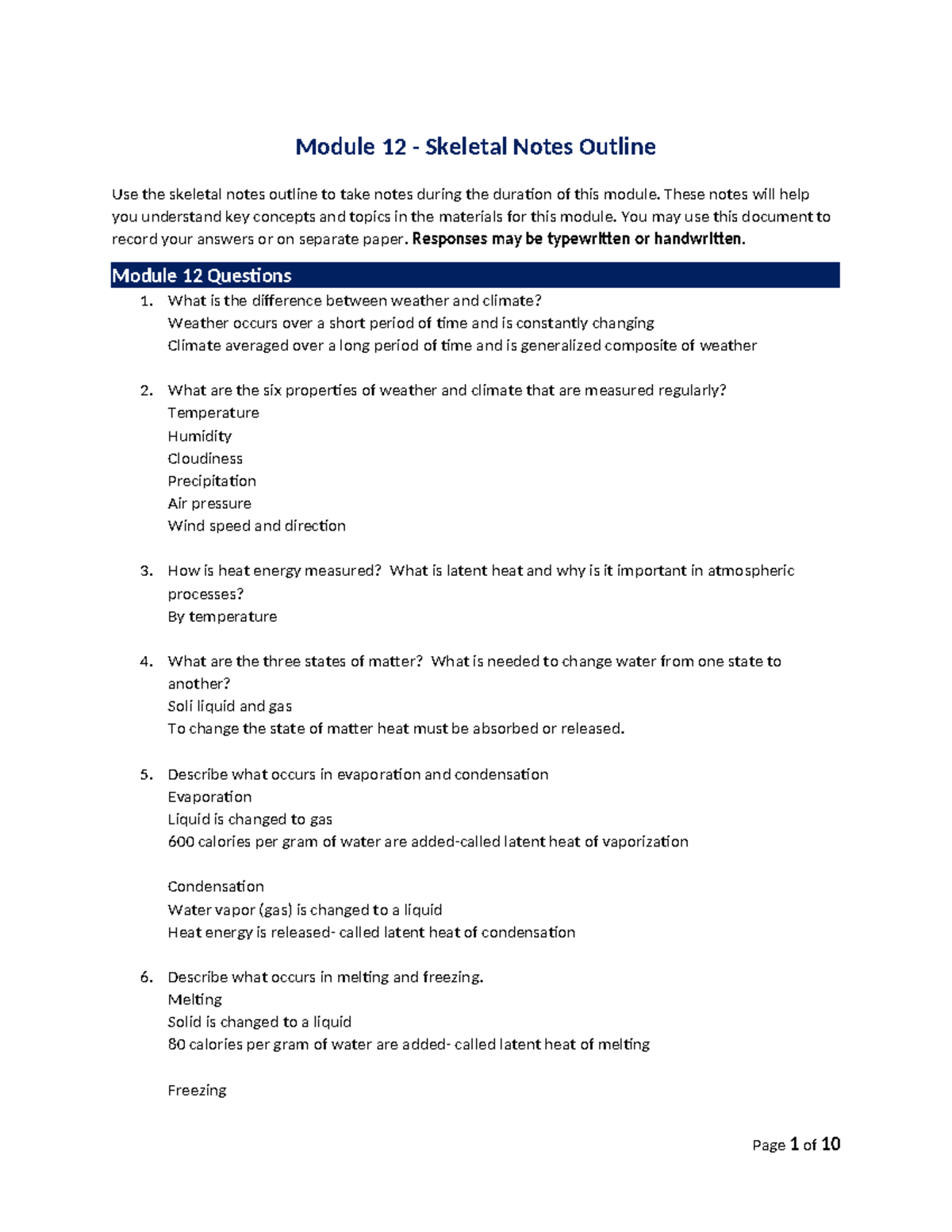 Module 12: Key Concepts and Questions on Weather and Climate Notes ...