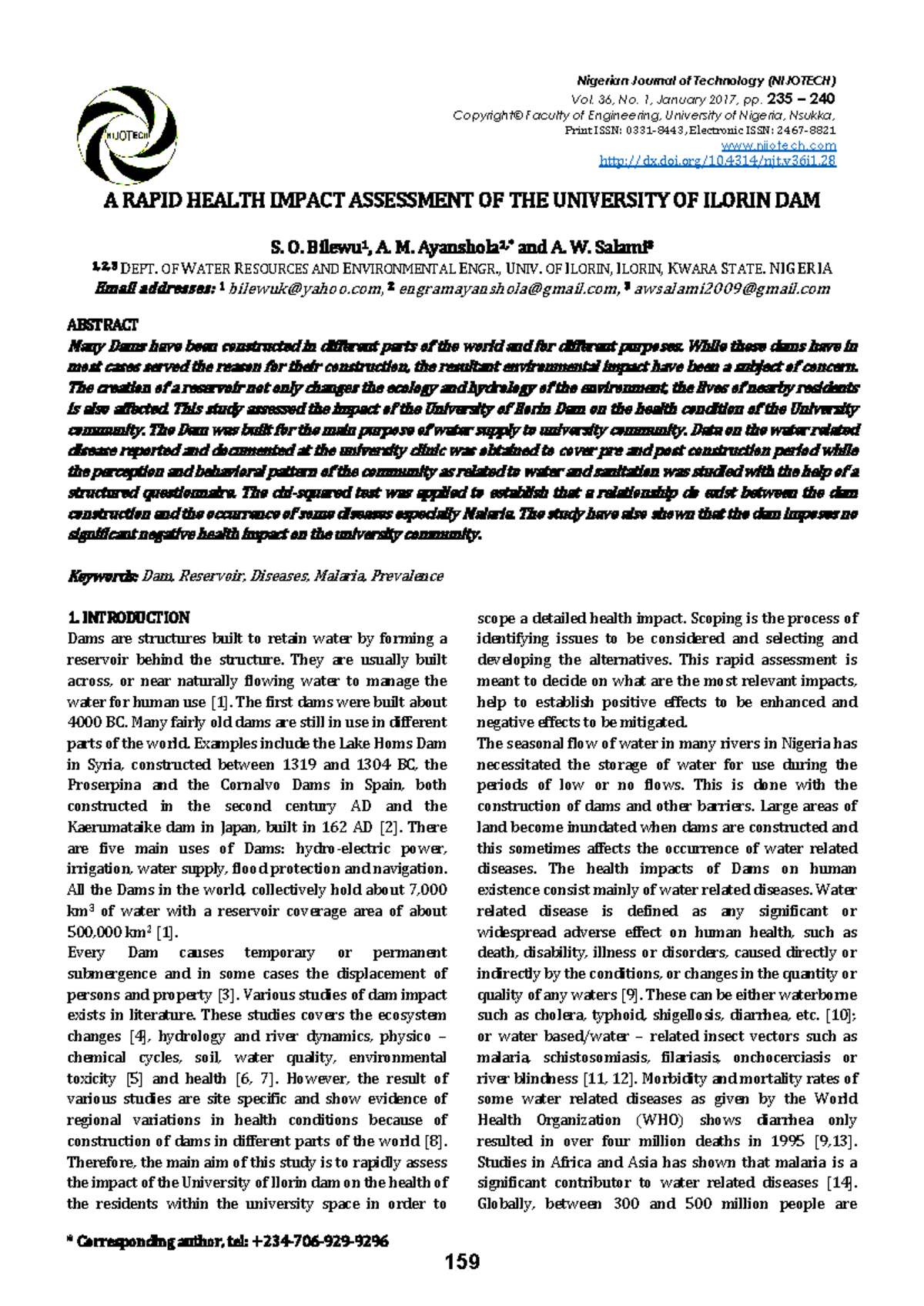 A Rapid Health Impact Assessment of the University of Ilorin Dam - Studocu