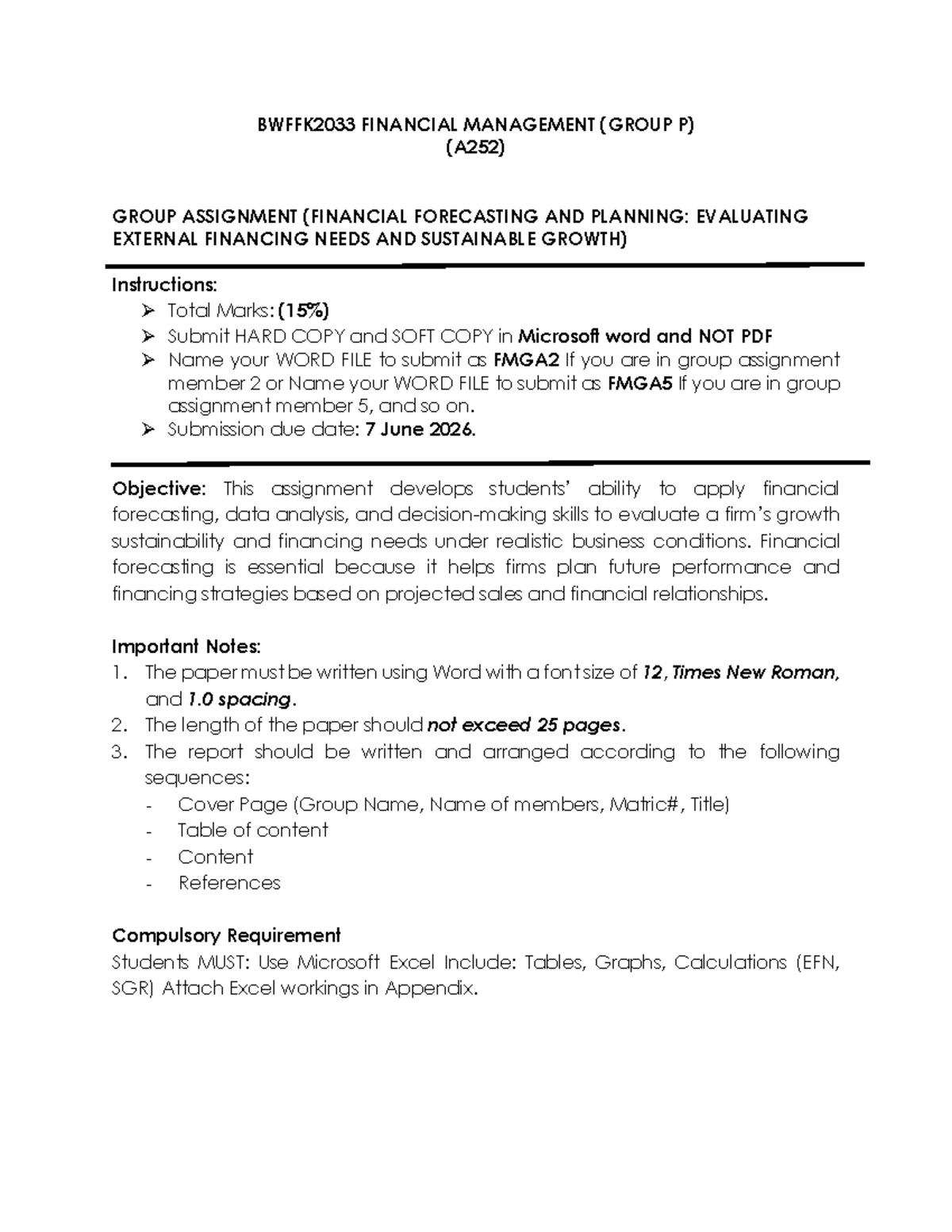 BWFFK2033 FINANCIAL MANAGEMENT GROUP ASSIGNMENT: Financial Forecasting ...
