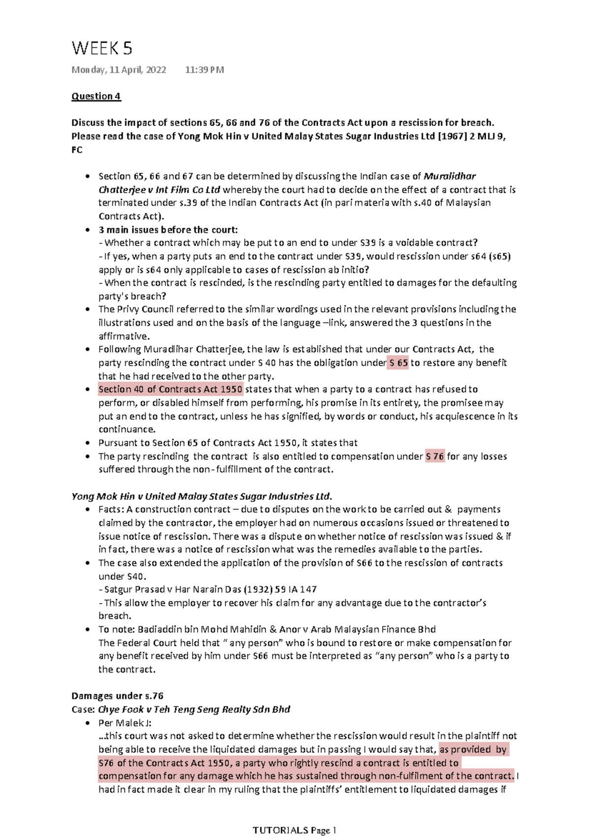 WEEK 5 Tutorial on Remedies under the Contracts Act 1950 - Studocu