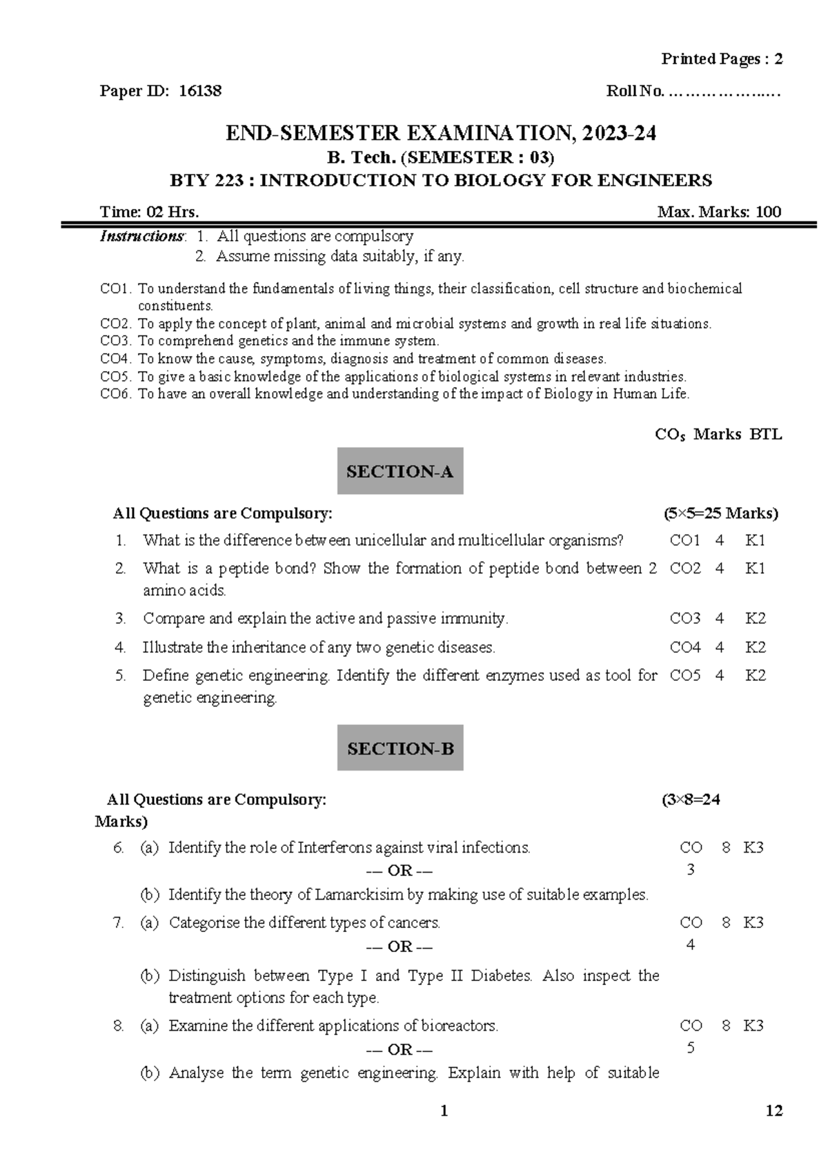 Bio 2 - Final Exam Study Guide for BTY 223: Introduction to Biology ...