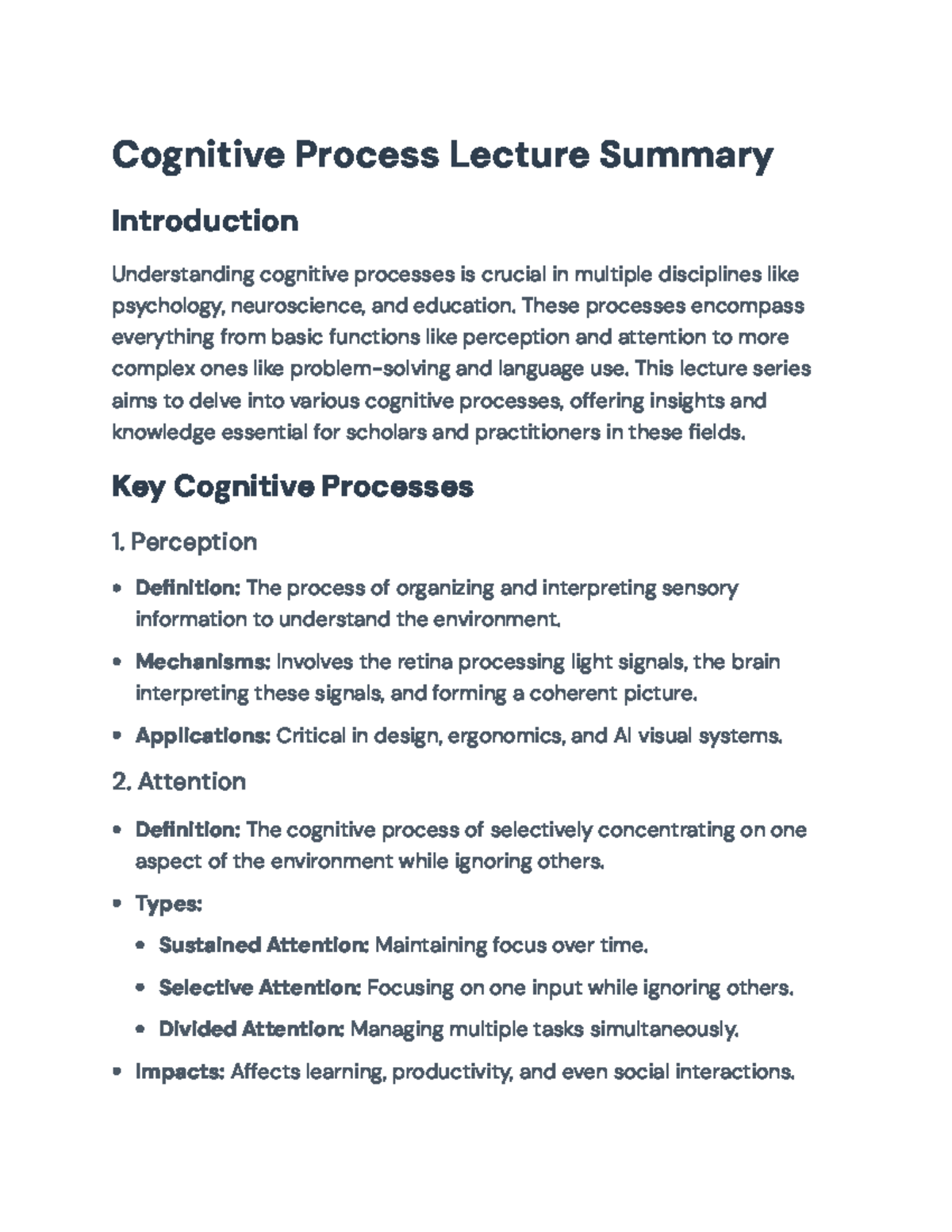Cognitive Processes Lecture Summary: Insights in Psych & Neuroscience ...