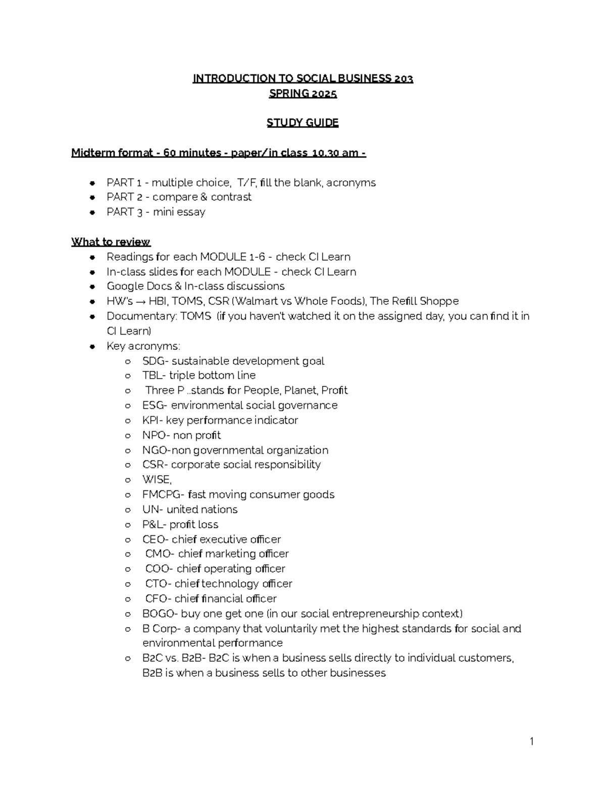 INTRO TO SOCIAL BUSINESS 203 - STUDY GUIDE FOR MIDTERM EXAM 2025 ...