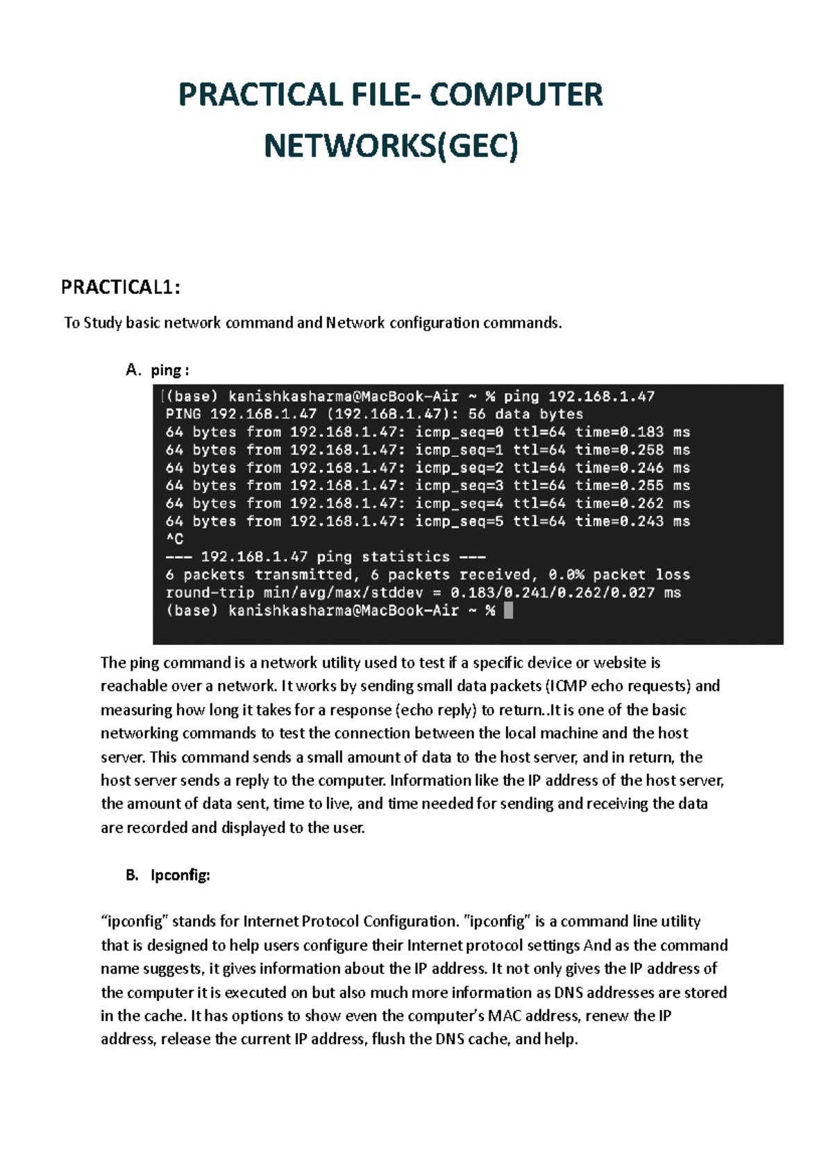 GEC Computer Networks Practical 1: Basic Network Commands Study - Studocu
