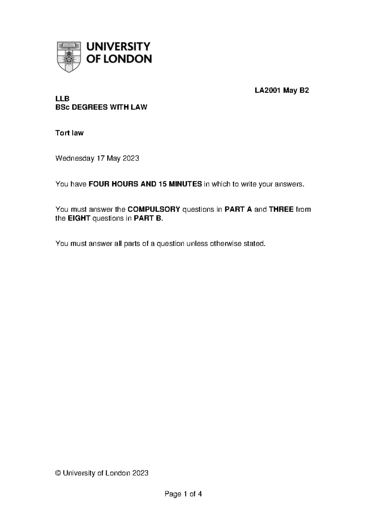 LA2001 Tort Law Final Exam Paper - May 2023 - Studocu