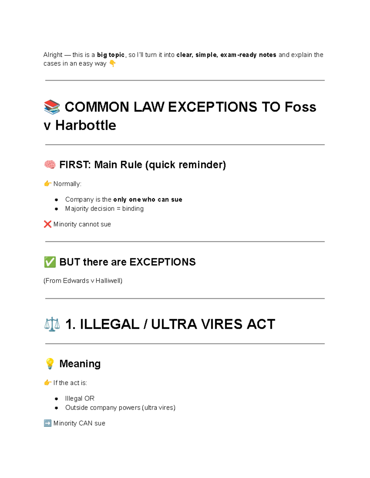 Common Law Exceptions to Foss v Harbottle: Key Notes and Cases - Studocu