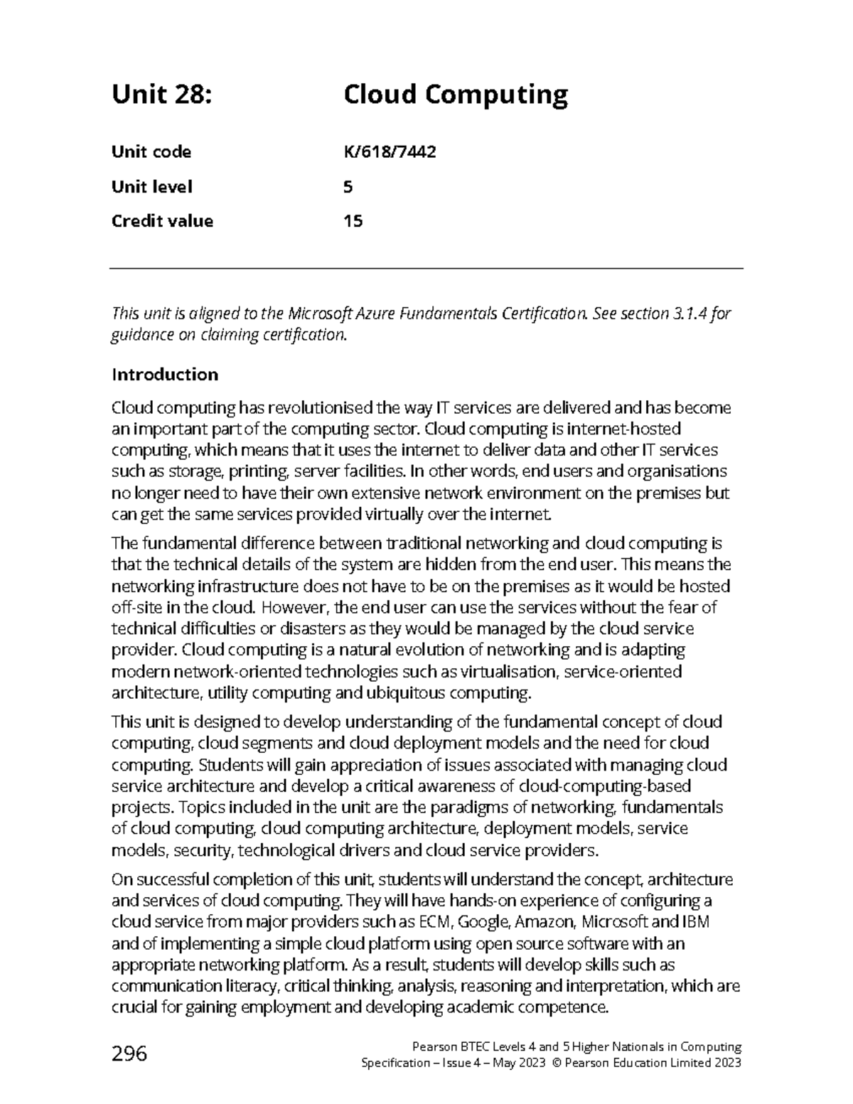 BTEC HND Unit 28: Cloud Computing Module Overview and Learning Outcomes ...
