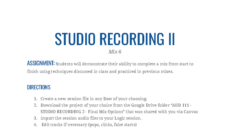 Studio Recording II Mix 6 Final Assignment Guide - Studocu