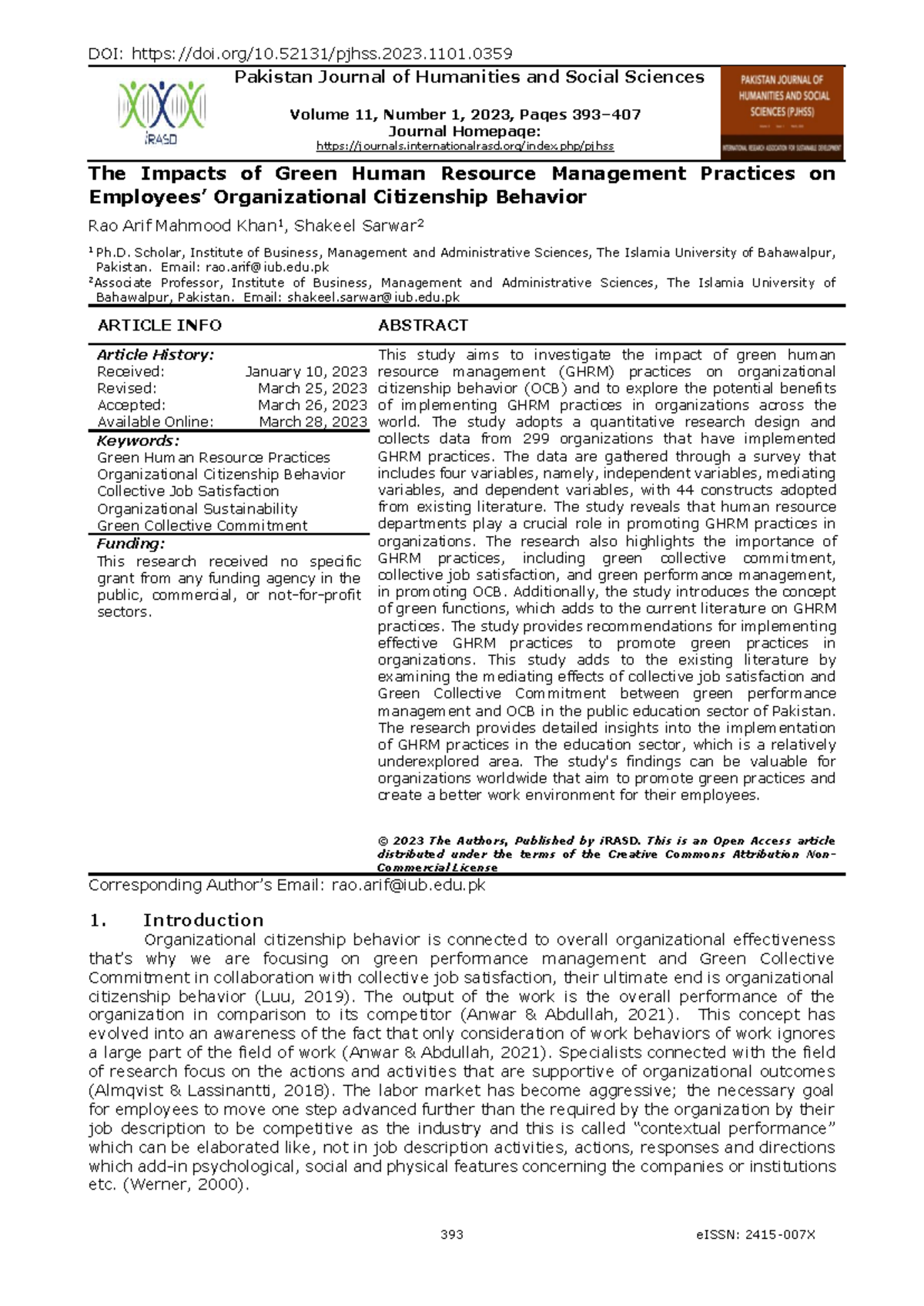 The Impacts of Green HRM Practices on OCB: A Study in Pakistan - Studocu