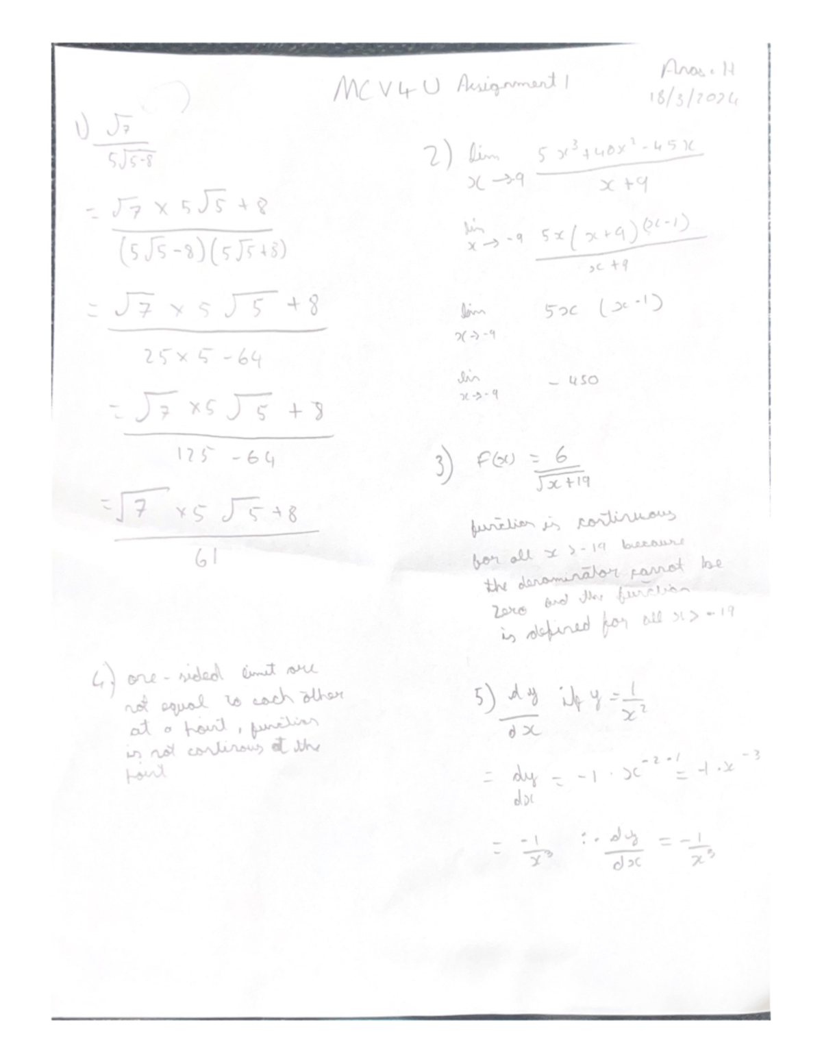 Assignment 1 calc - Anas. II MCV4U Assignment I 1) 5 2) lim lin x , 9 ...