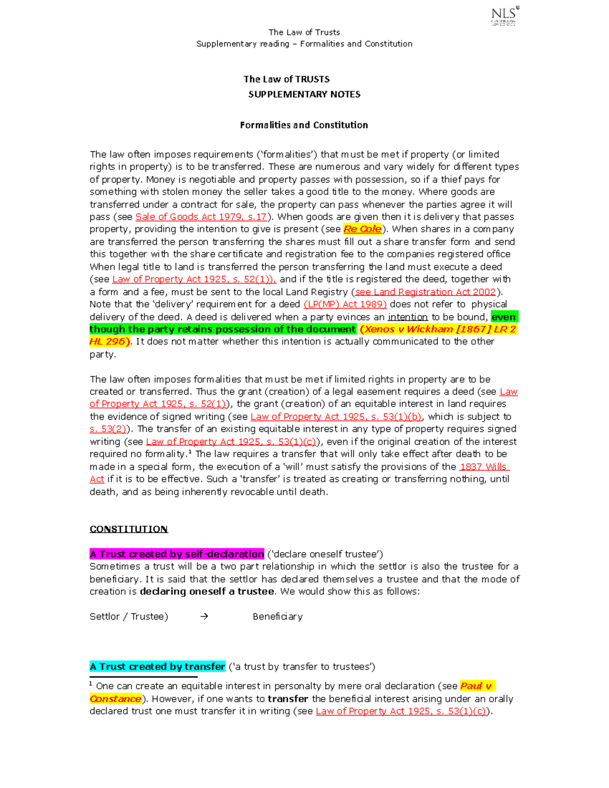 Trust Law: Formalities & Constitution Supplementary Notes - Studocu