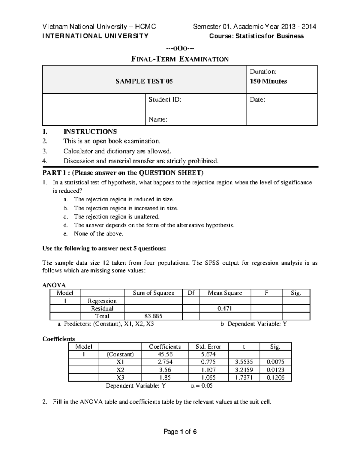 Statistics FALL2013 - Final Sample TEST 05 - INTERNATIONAL UNIVERSITY ...