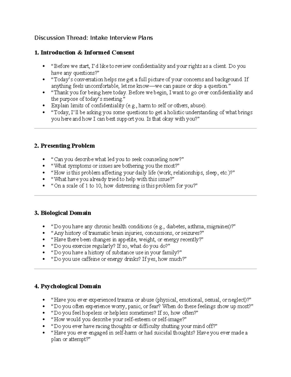 Intake Interview Plans Discussion Thread: Client Assessment Strategies ...