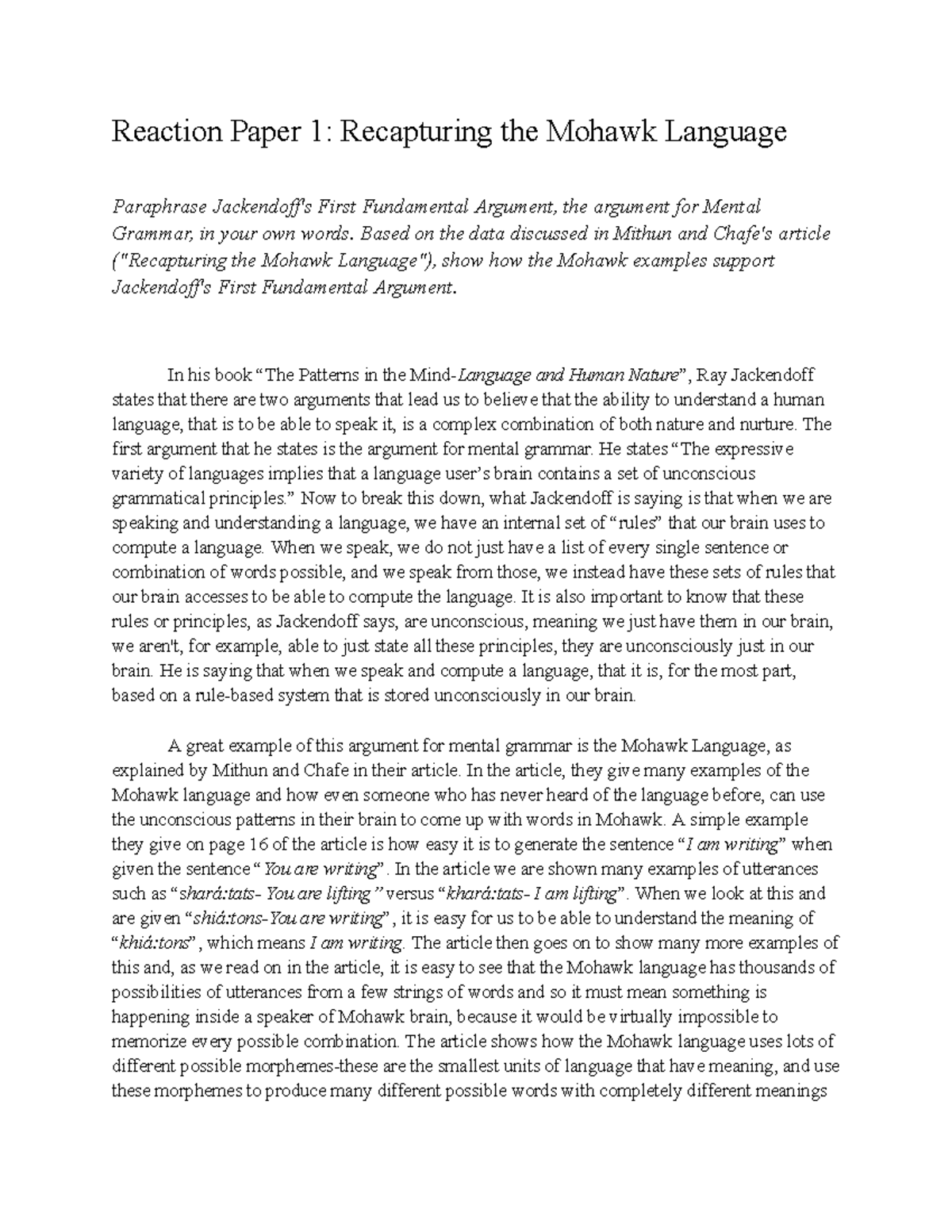 Reaction Paper 1 Recapturing the Mohawk Language - Reaction Paper 1 ...