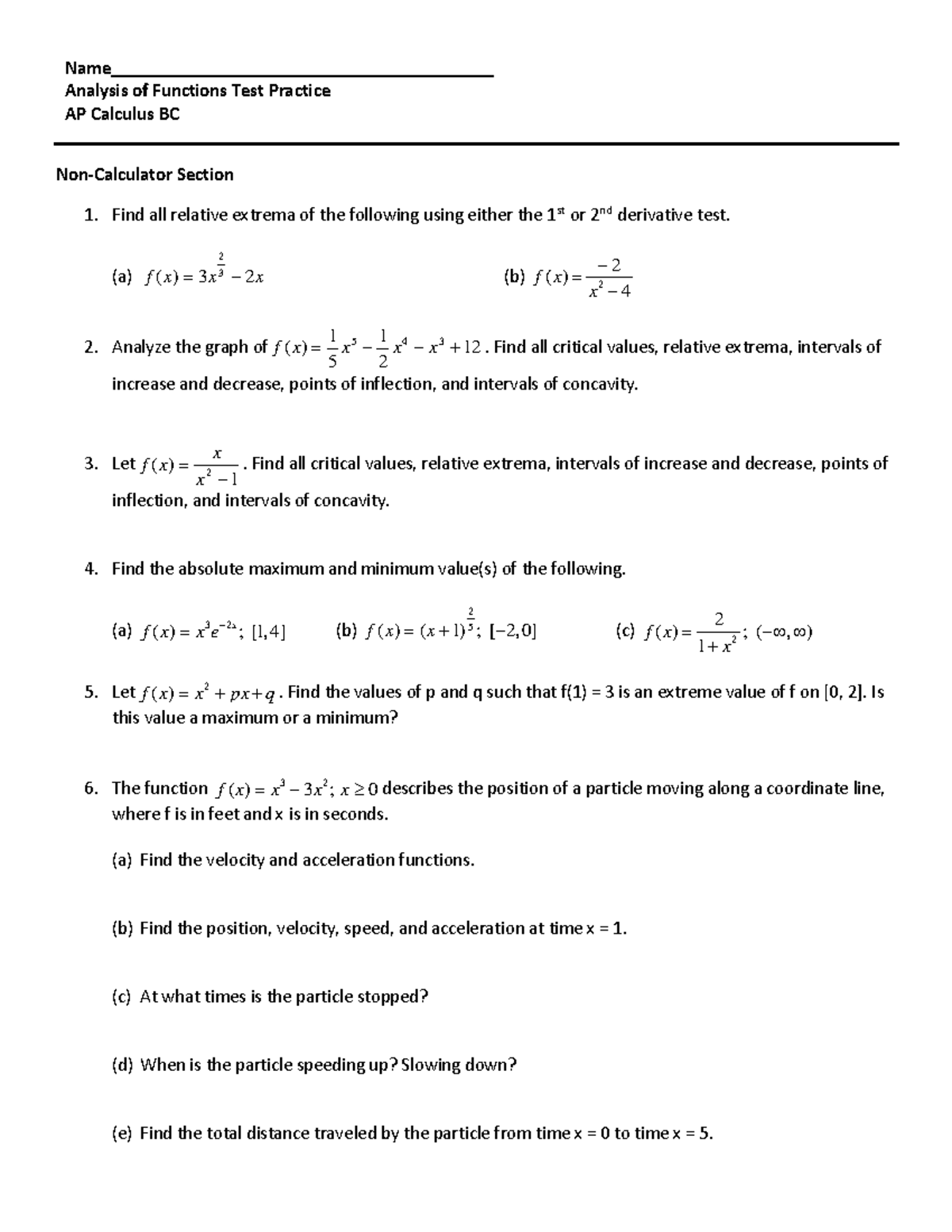 Analysis of Functions Test Practice AP Calculus BC - Studocu