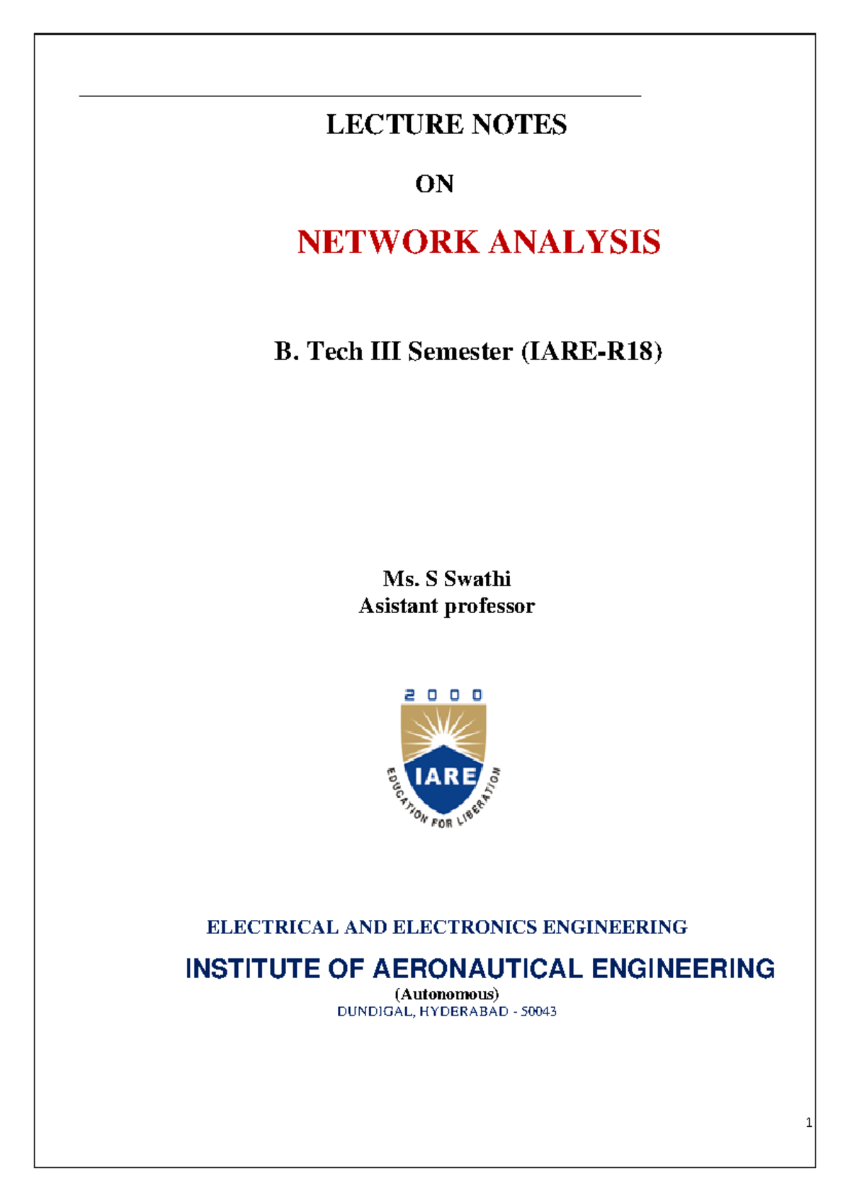 Network Analysis Lecture Notes (B. Tech III Sem IARE-R18) - Complete ...