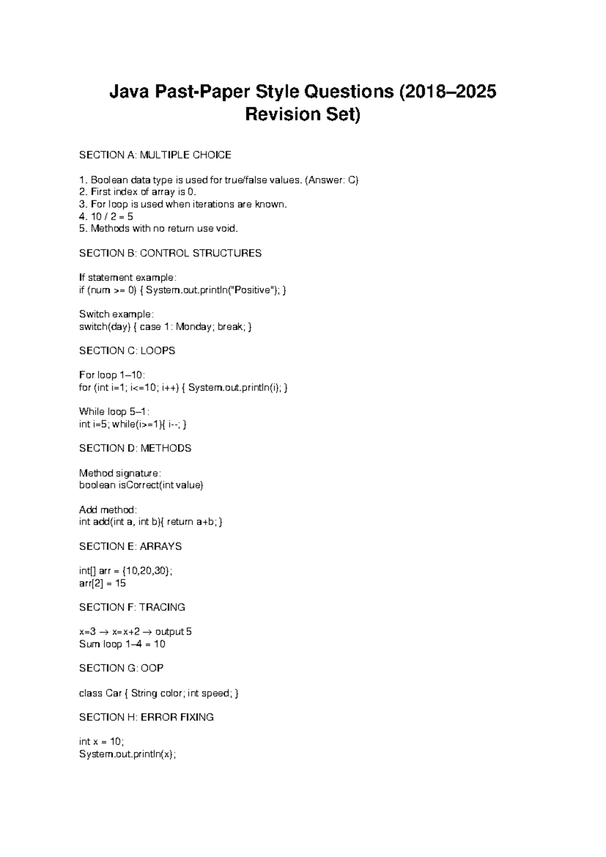 Java (CS101) Past Paper Style Questions Revision Set - Studocu