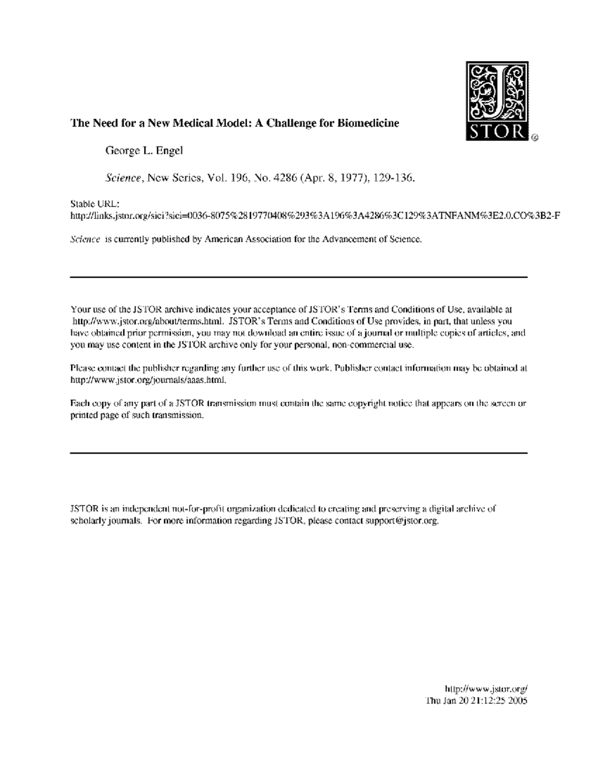 Engel. The Need for a New Medical Model: A Biopsychosocial Perspective ...