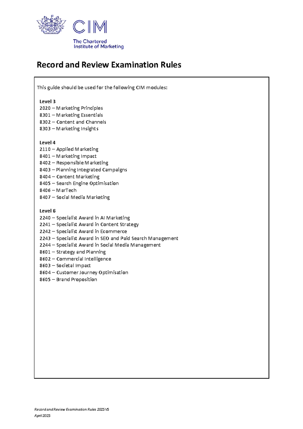 CIM Record & Review Exam Rules 2025 V5 Guide - Studocu