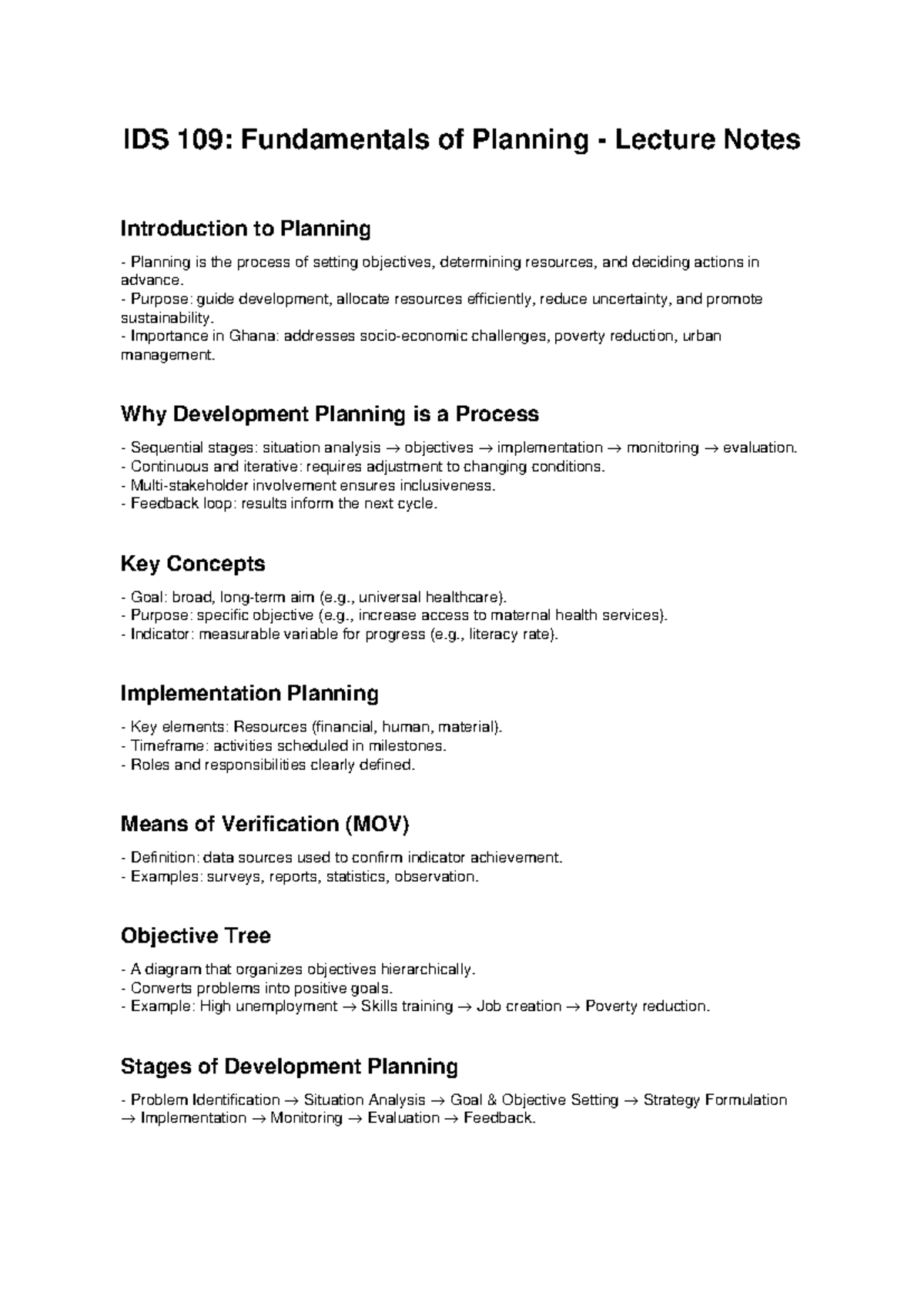 IDS 109: Lecture Notes on Fundamentals of Planning - Studocu