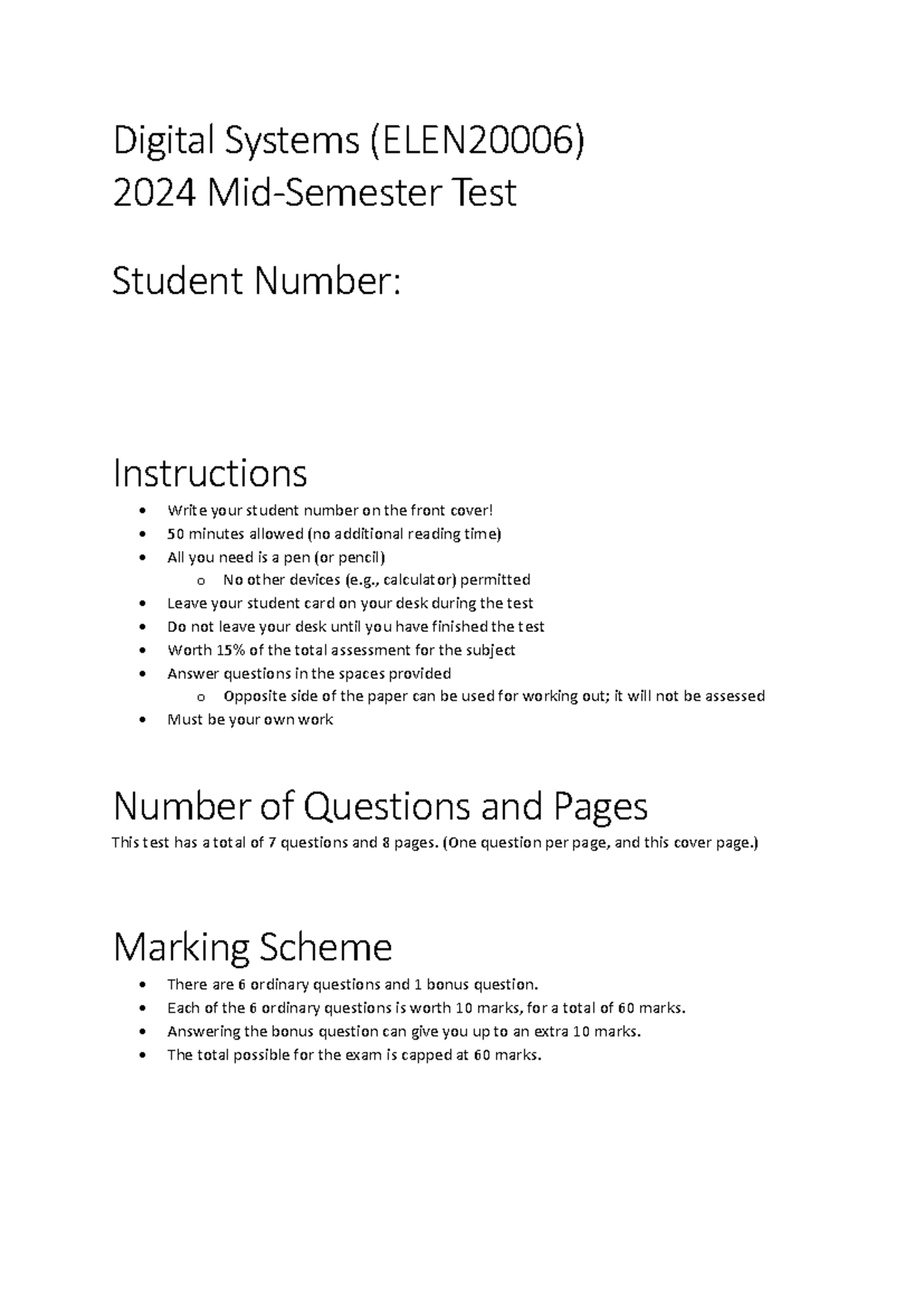2024 MST - 2024 Mid Sem Test - Digital Systems (ELEN20006) 2024 Mid ...
