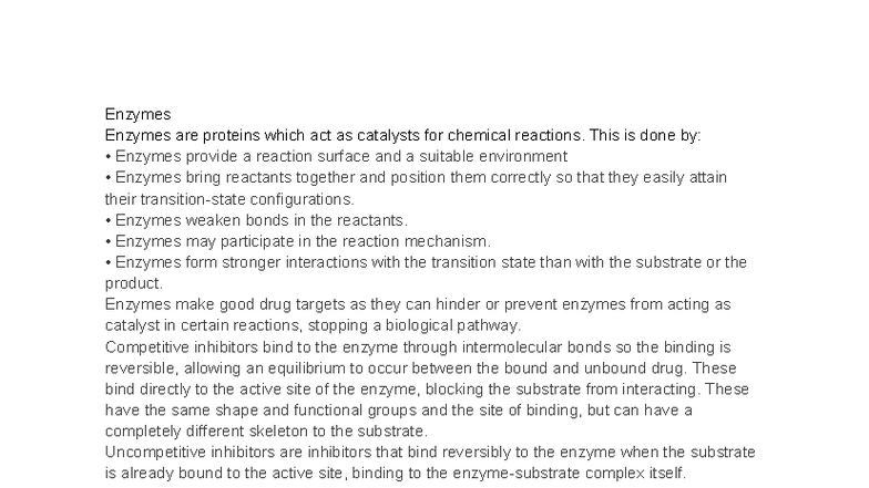 Enzymes 1151 - Comprehensive Notes on Catalysts and Inhibitors - Studocu