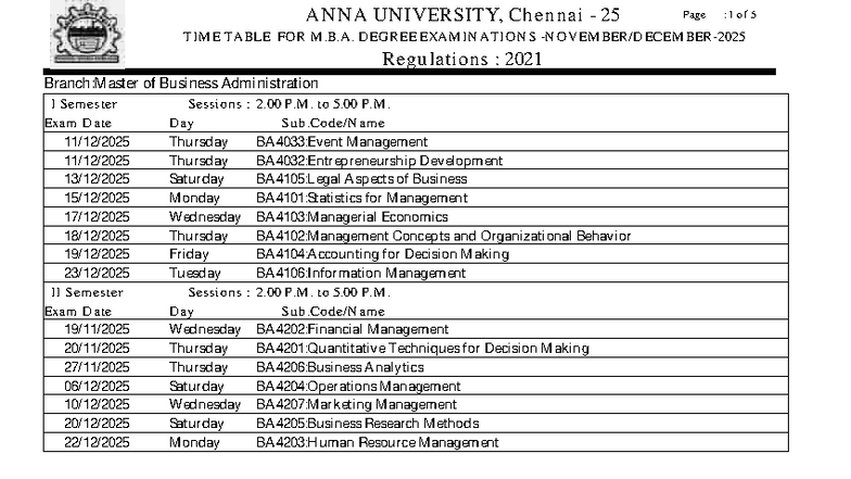 MBA 2021 Time Table for Degree Examinations at Anna University - Studocu