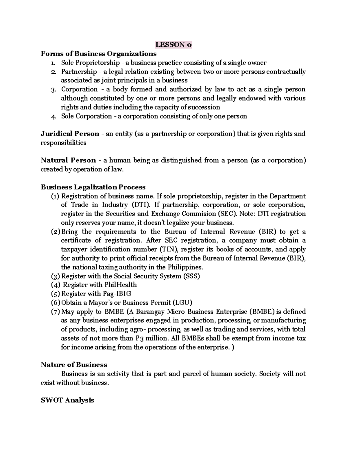 BUS 101: Lesson 0 - Forms of Business Organizations and Ethics Notes ...