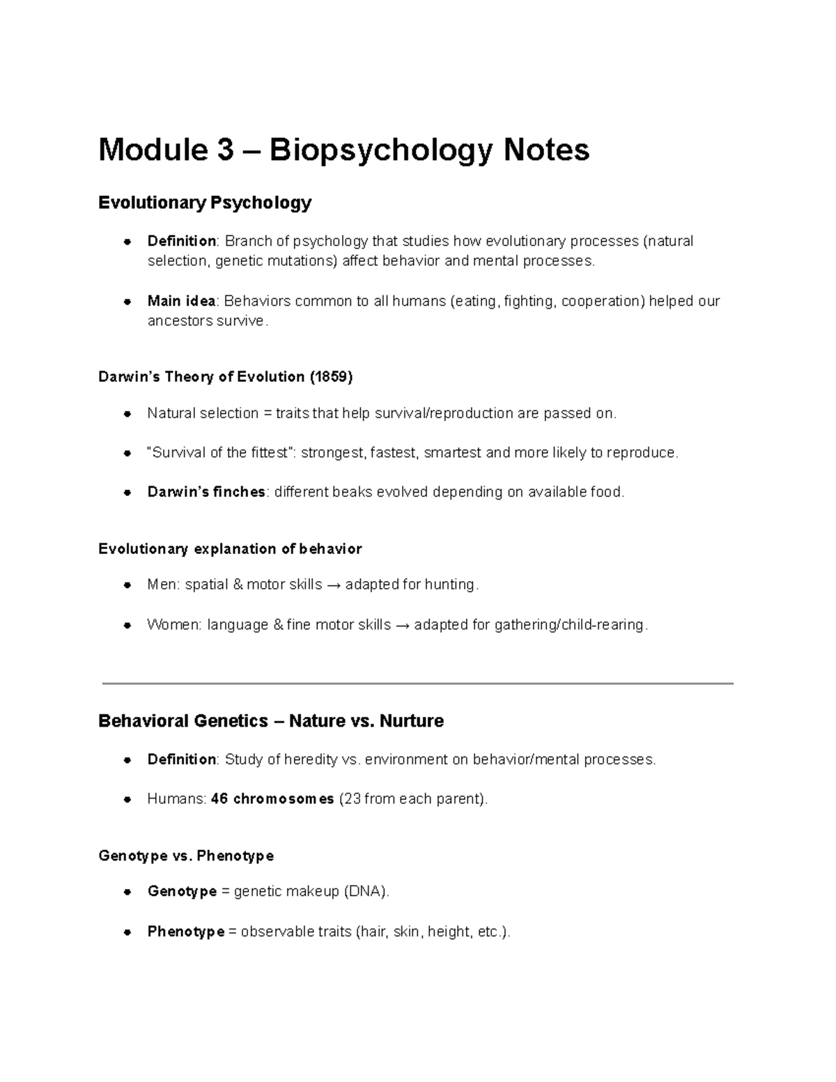 Module 3 - Biopsychology Notes: Evolutionary Psychology & Genetics ...
