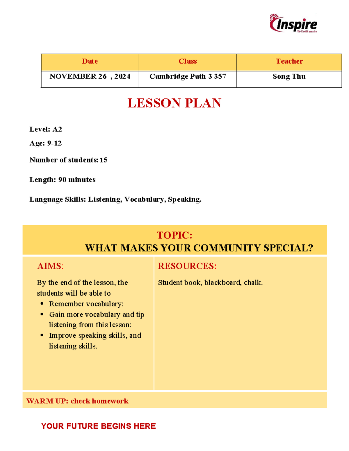 Cambridge Path 3 357 A2 Lesson Plan: Community Special (Nov 26, 2024 ...