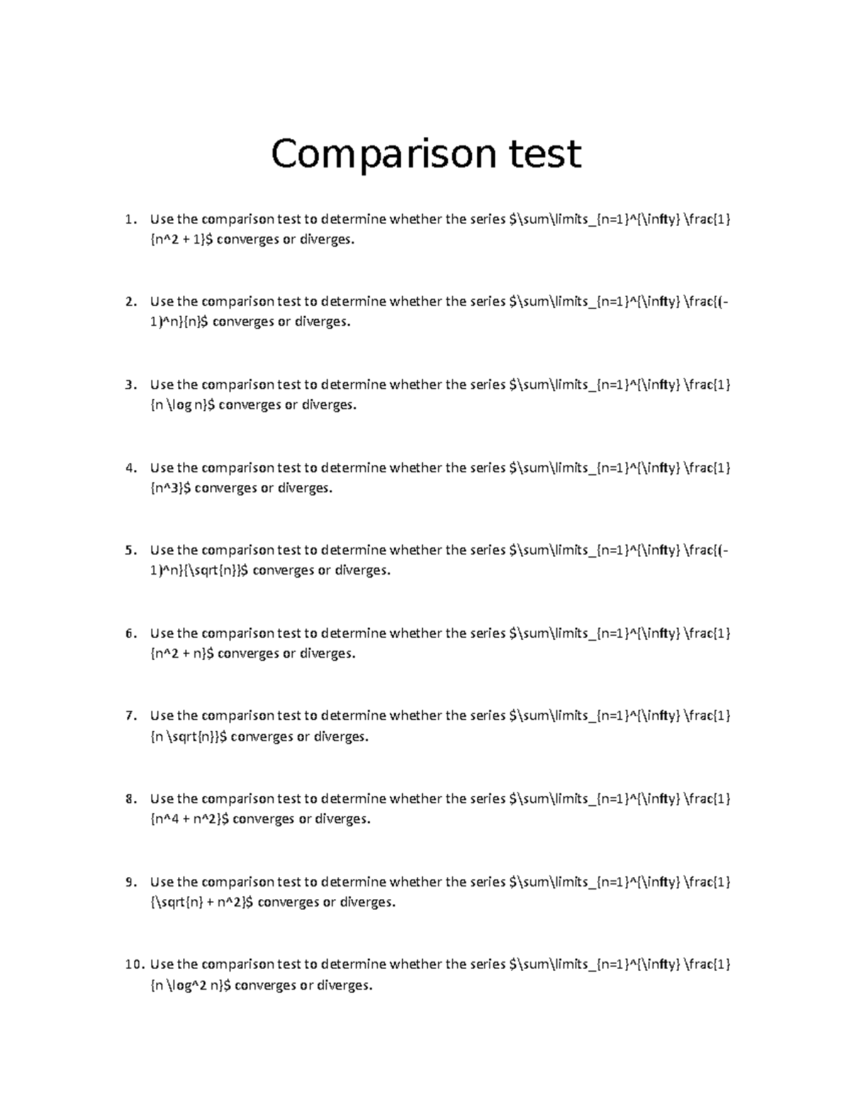 Comparison test - calculus two self-made worksheet - Comparison test ...