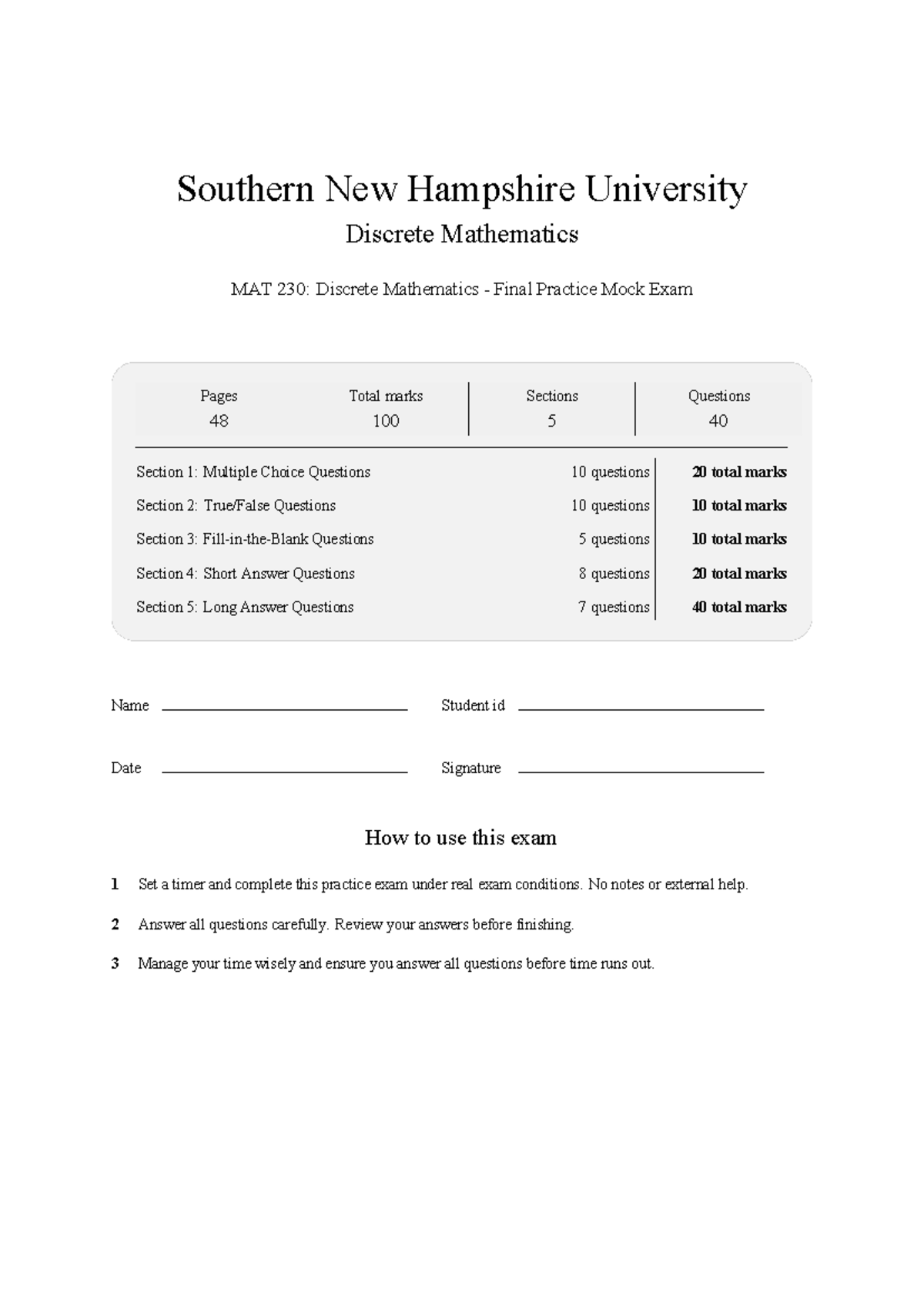 MAT 230 Discrete Mathematics Final Practice Exam 2026 - Studocu