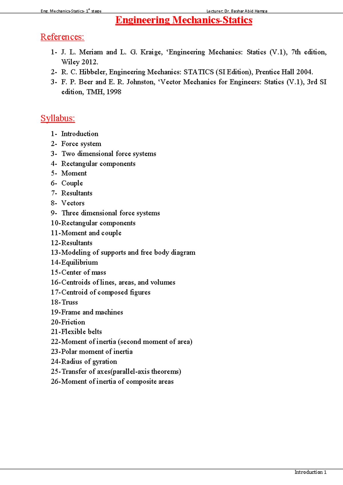 Engineering Mechanics: Statics (ENG 1) Lecture Notes by Dr. Hamza - Studocu