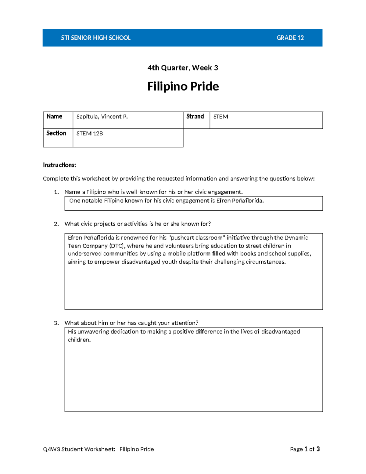 STI SHS G12 Q4W3 Worksheet: Filipino Pride and Civic Engagement Notes ...