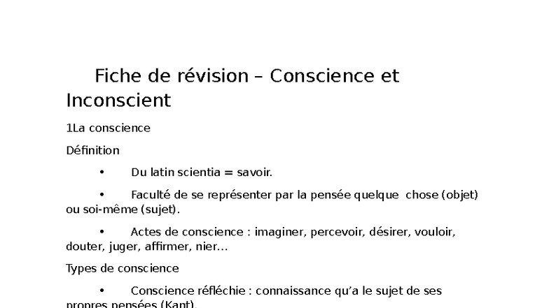 Fiche De Révision Conscience Et Inconscient Concepts Clés Studocu