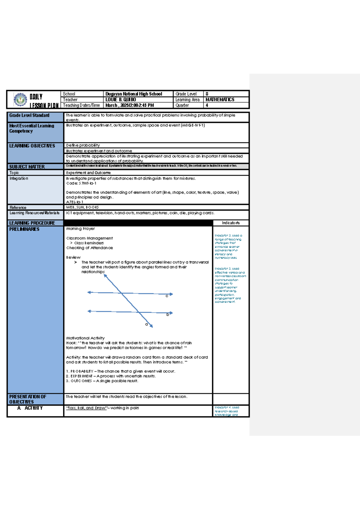 Grade 8 Math Lesson Plan: Understanding Probability & Outcomes (S7MT-Ia ...