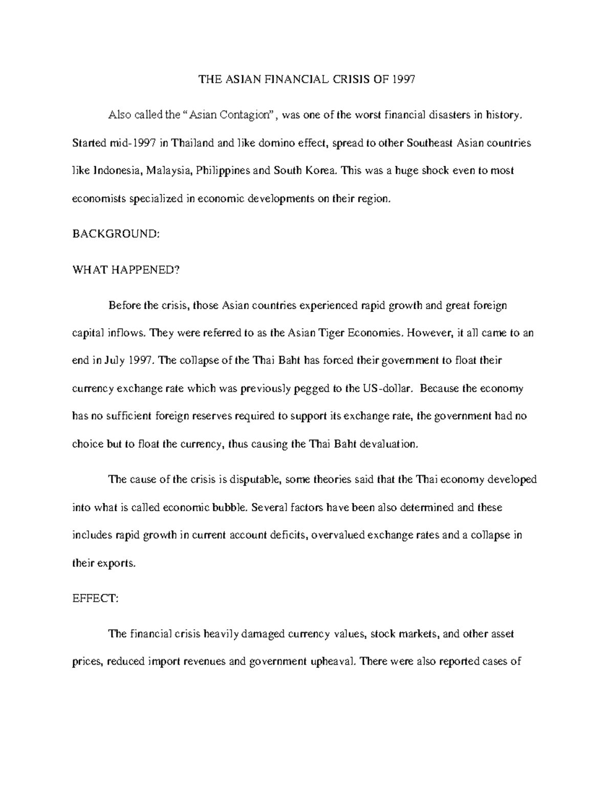 THE Asian Financial Crisis OF 1997 - THE ASIAN FINANCIAL CRISIS OF 1997 ...