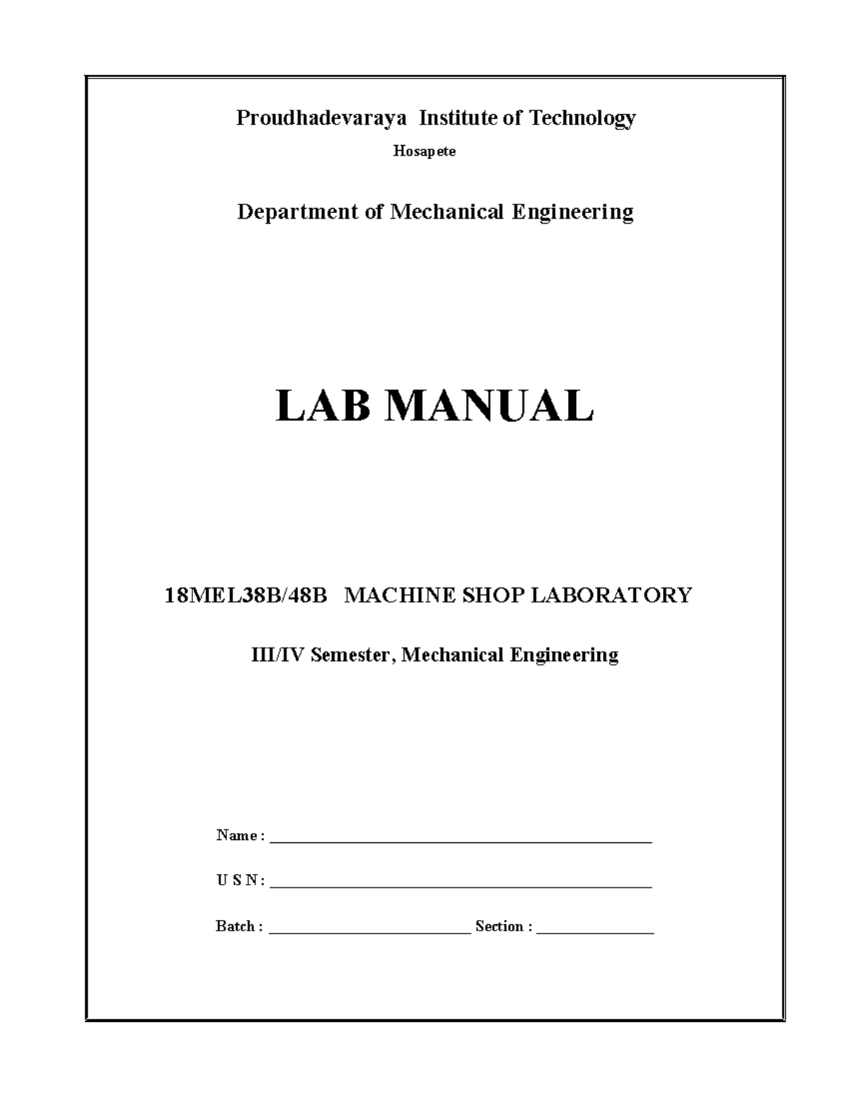 MACHINE SHOP LAB MANUAL - ME 15MEL48B IV SEM, PDIT HOSAPETE - Studocu