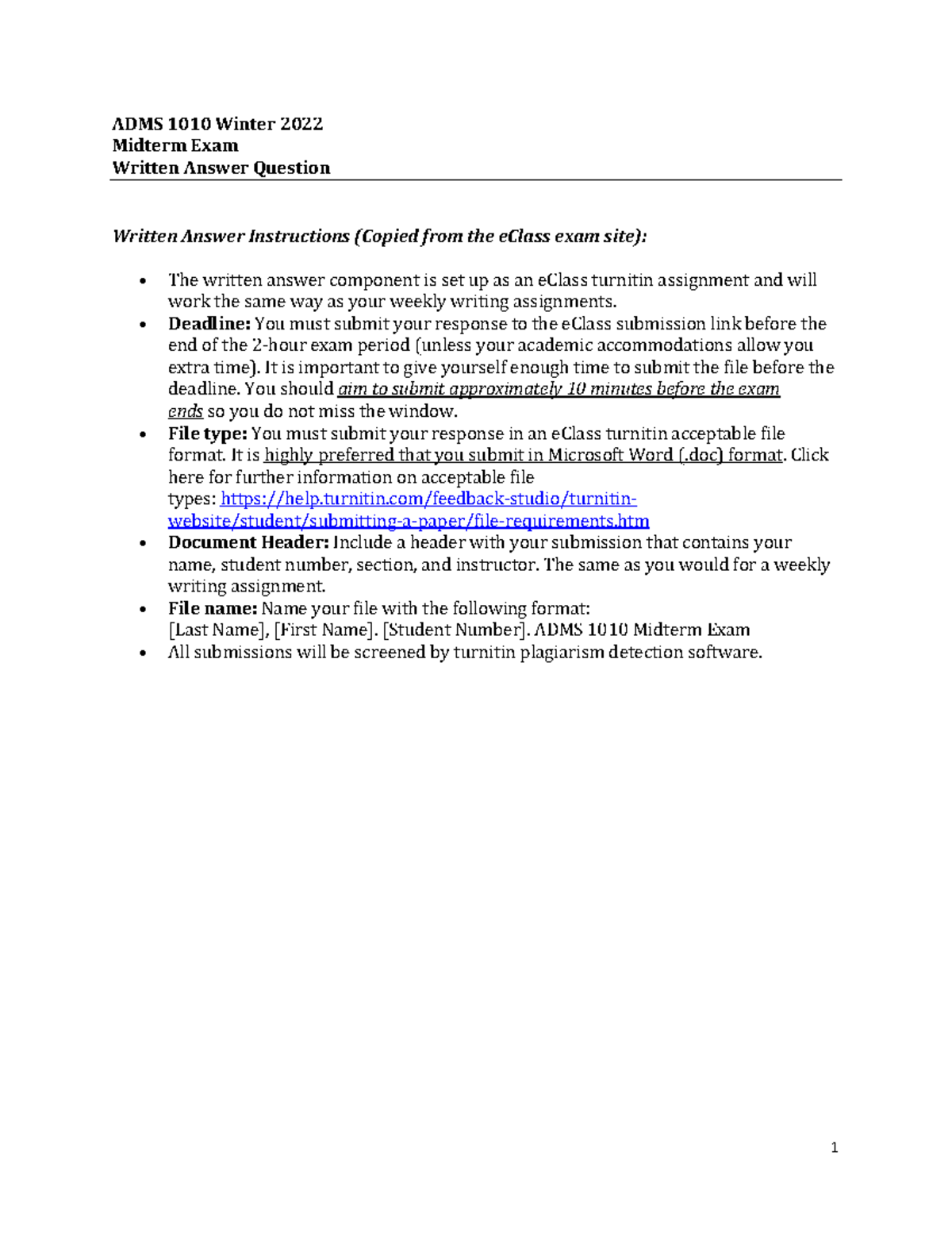 ADMS 1010 W22 Midterm Questions - ADMS 1010 Winter 2022 Midterm Exam ...