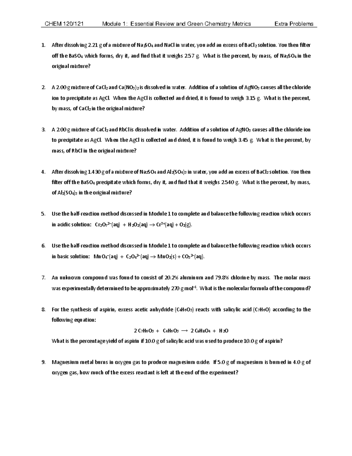 CHEM 1. Module 1: Extra Practice on Green Chemistry Metrics - Studocu