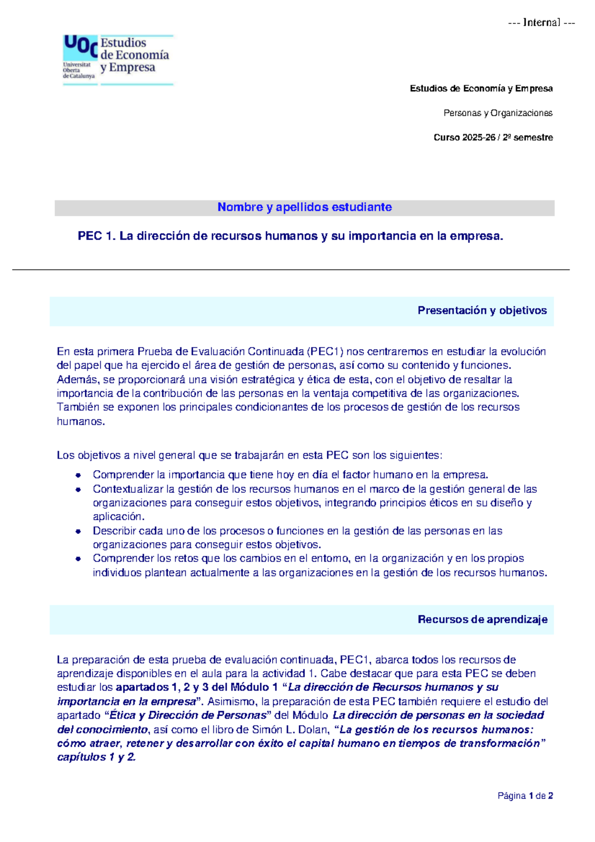PEC 1: La Dirección de Recursos Humanos y su Importancia en la Empresa ...