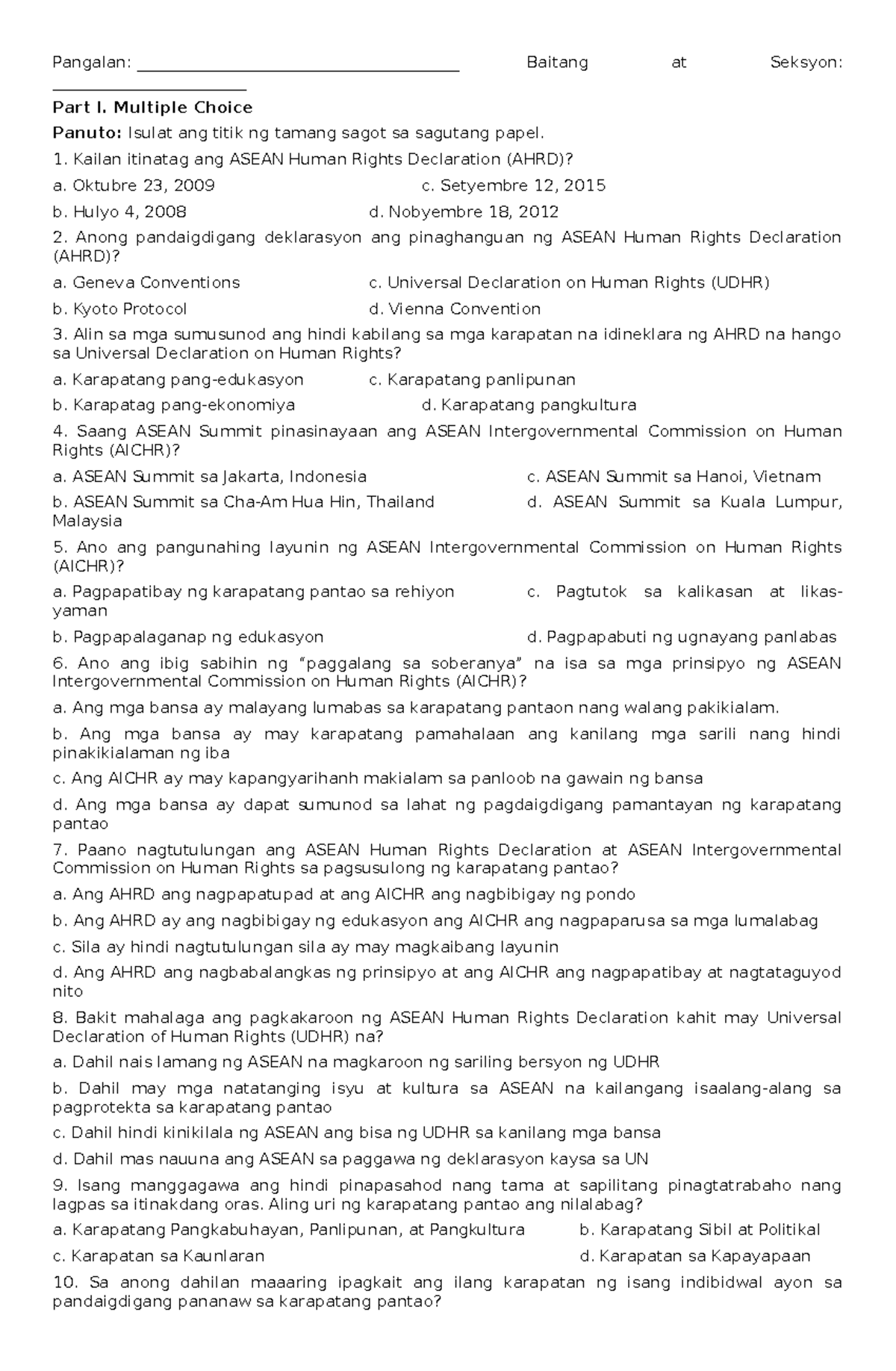 Quiz on ASEAN Human Rights Declaration (AHRD) and AICHR - Studocu