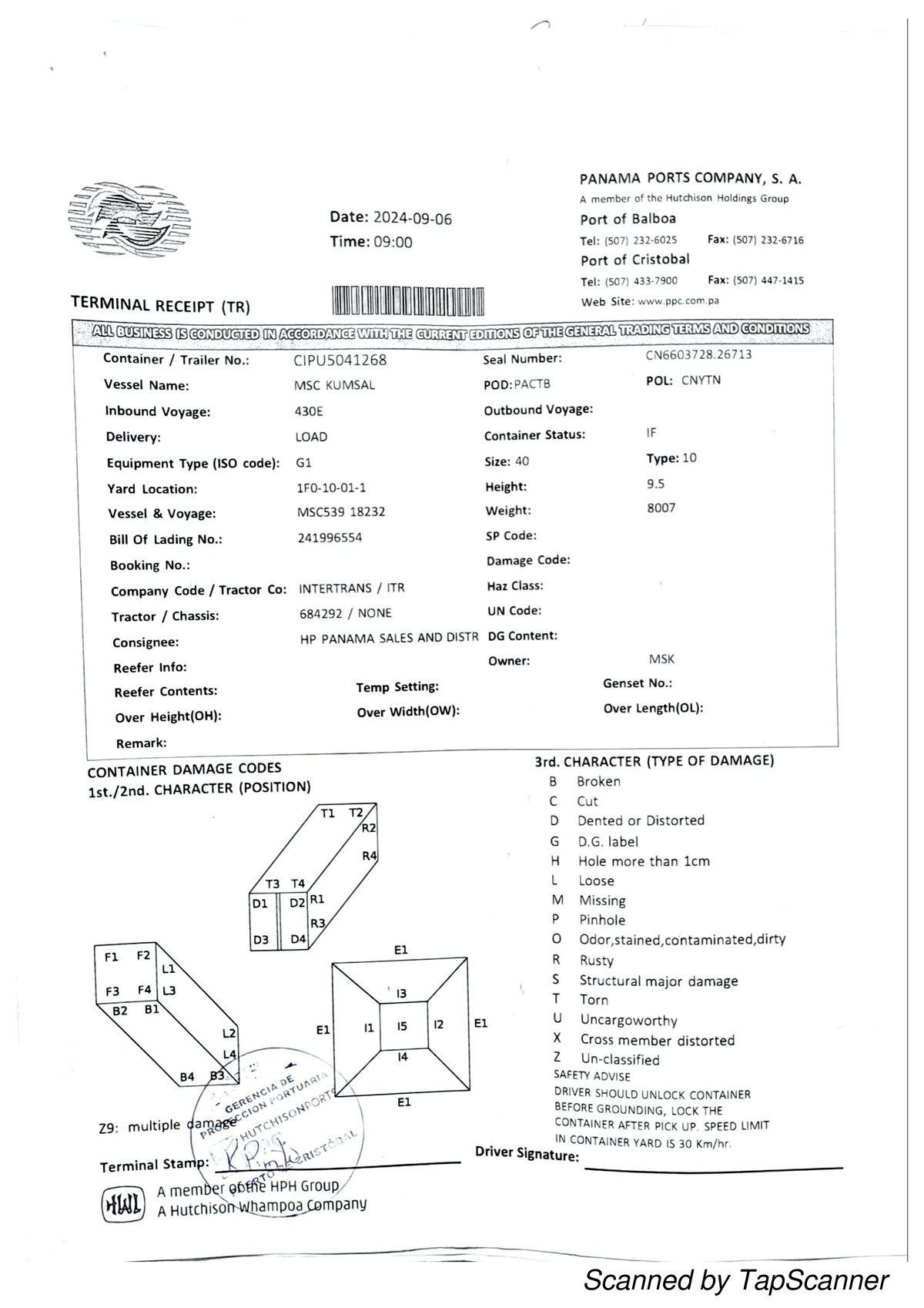 Panama Ports Company Terminal Receipt - Container Info & Damage Codes ...