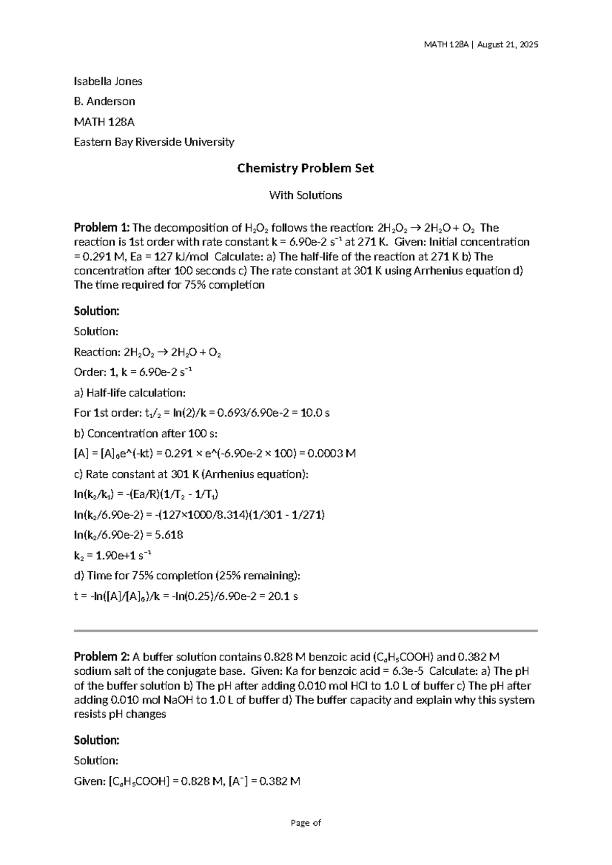 MATH 128A Chemistry Problem Set Solutions with Explanations - Studocu