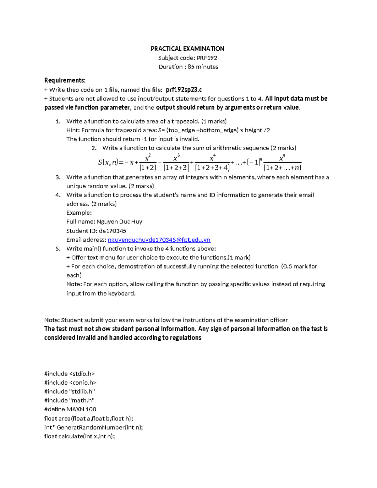 SP23 PRF192 Practical Exam Solutions and Code Implementation - Studocu