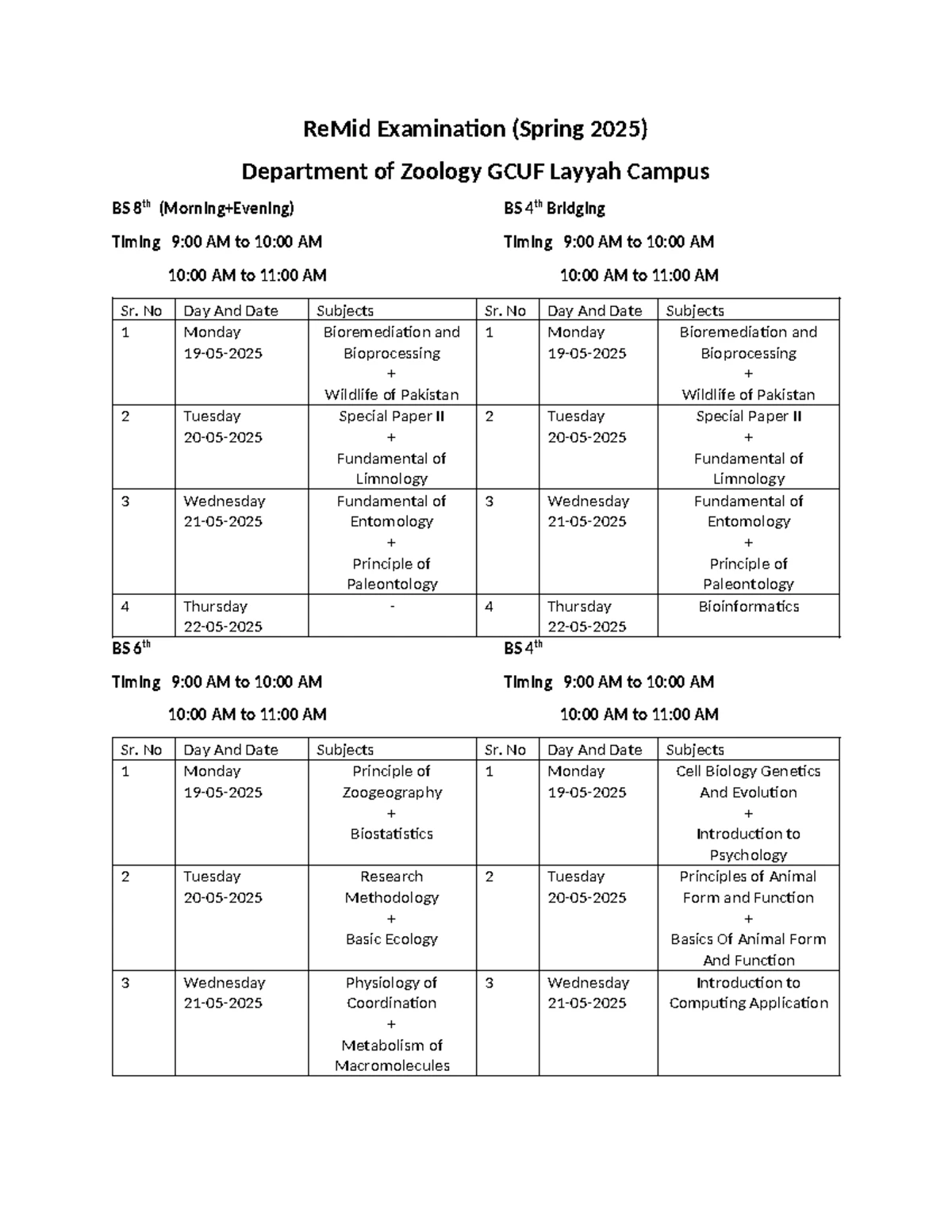 GC University Faisalabad Final Exam Date Sheet Spring 2025 for BS ...